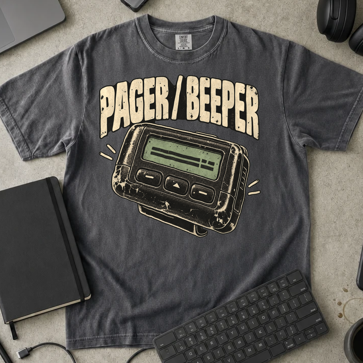 Pager Beeper Shirt — Pepper Comfort Colors 1717 flat lay