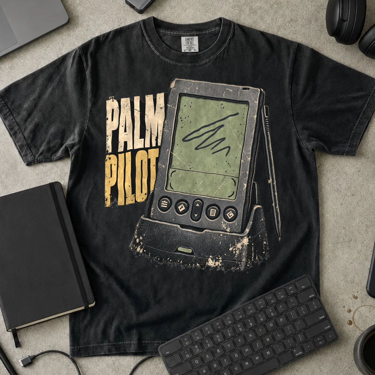 Palm Pilot Shirt — Black Comfort Colors 1717 flat lay