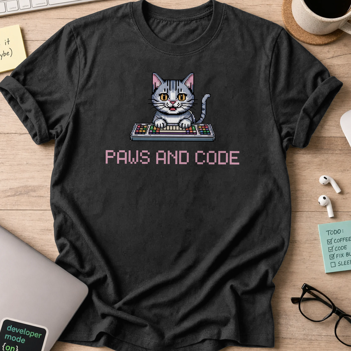 Black programmer shirt printed with "Paws and code", a funny developer t-shirt and coding gift for software engineers and coders.