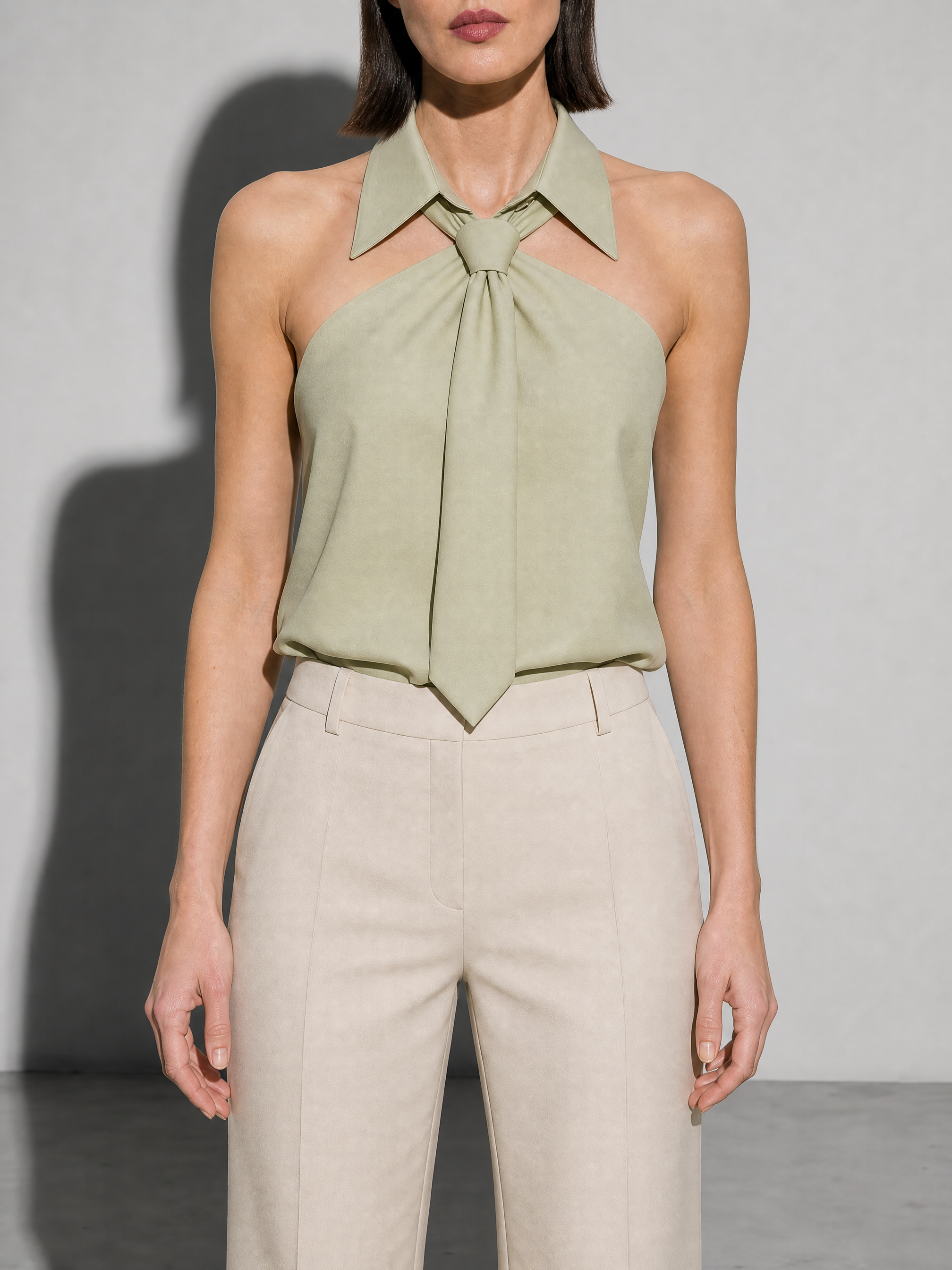 Polo Collar Tie Shirt Women's Design Vest - Pea Green Premium Fabric Finish Bust To Thigh