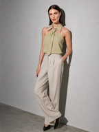 Polo Collar Tie Shirt Women's Design Vest - Pea Green Premium Fabric Finish Seated Or Lean