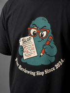 Peer Reviewing Slop Since 2024 — Black print close-up