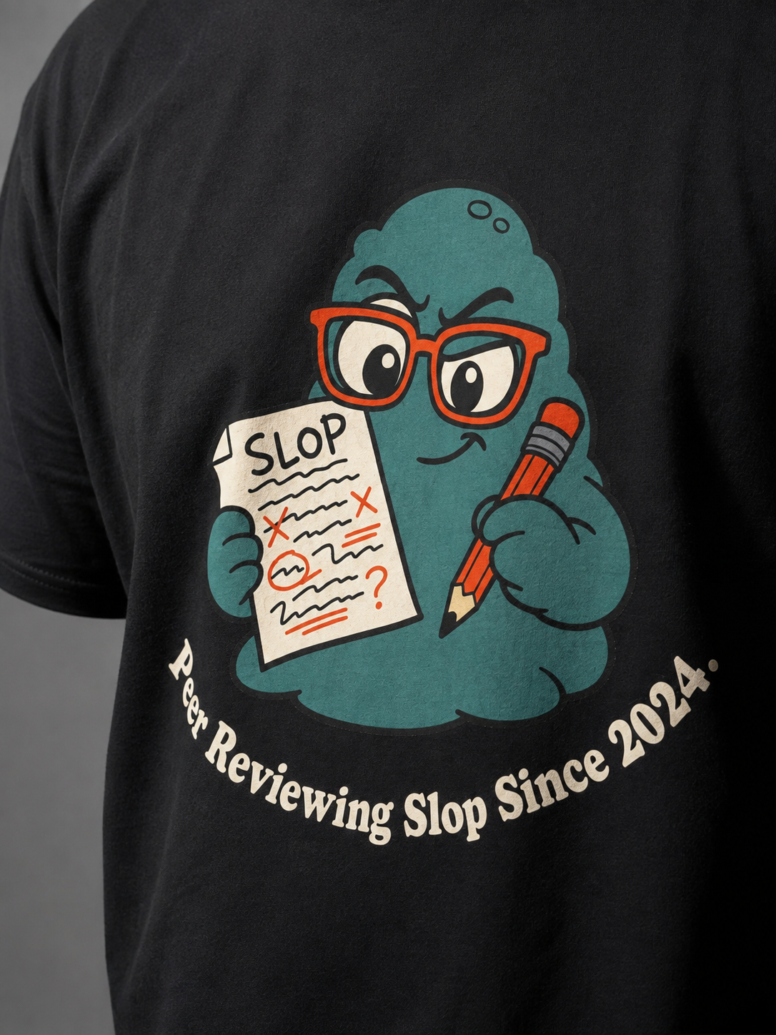 Peer Reviewing Slop Since 2024 — Black print close-up