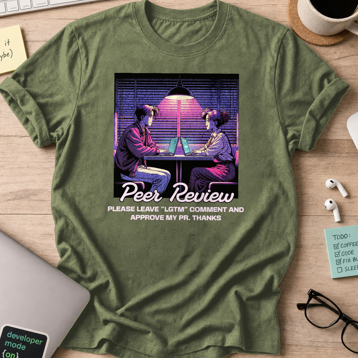 peer review retro anime shirt - Military Green