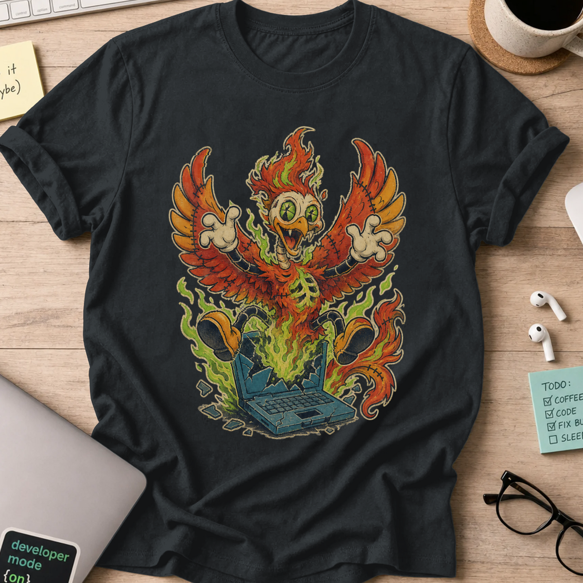 Phoenix Laptop Monster Shirt — Black storefront mockup