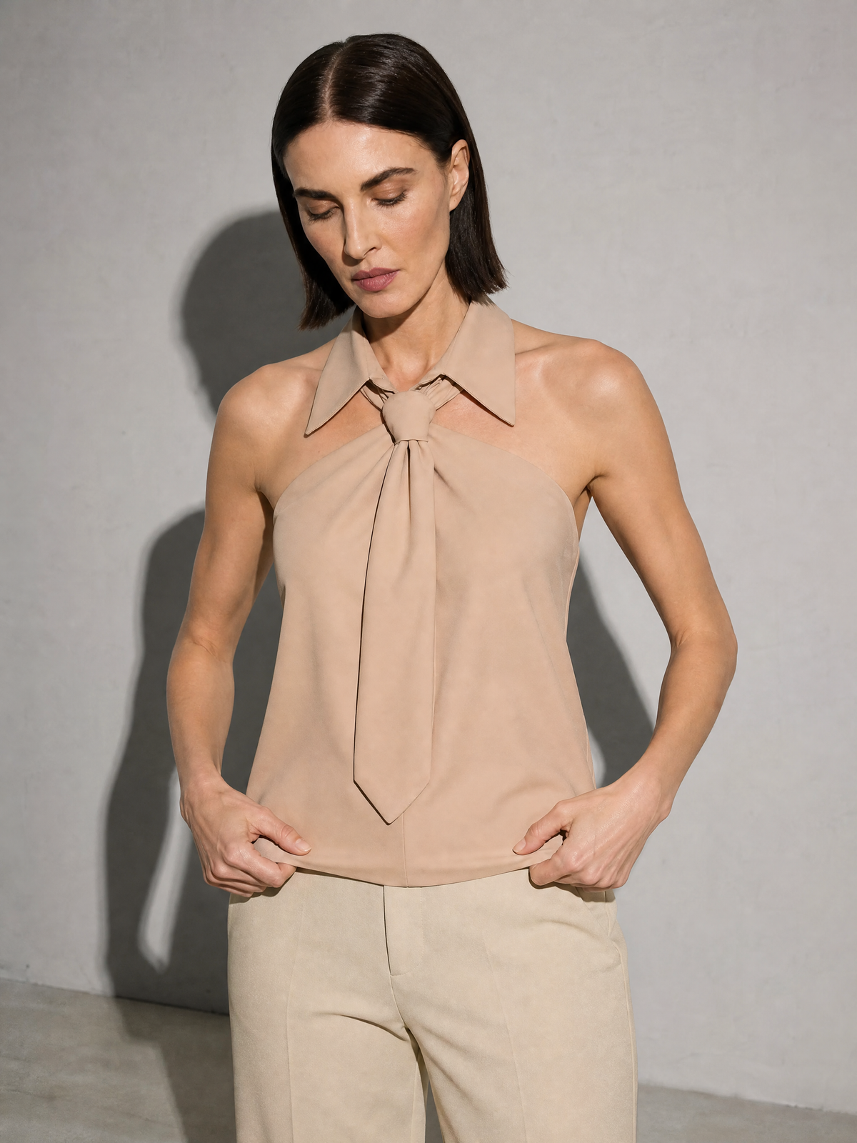 Polo Collar Tie Shirt Women's Design Vest - Pink Premium Fabric Finish Adjusting