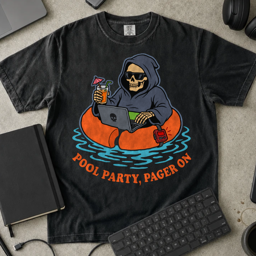 Pool Party Pager On Shirt — Black Comfort Colors 1717 flat lay