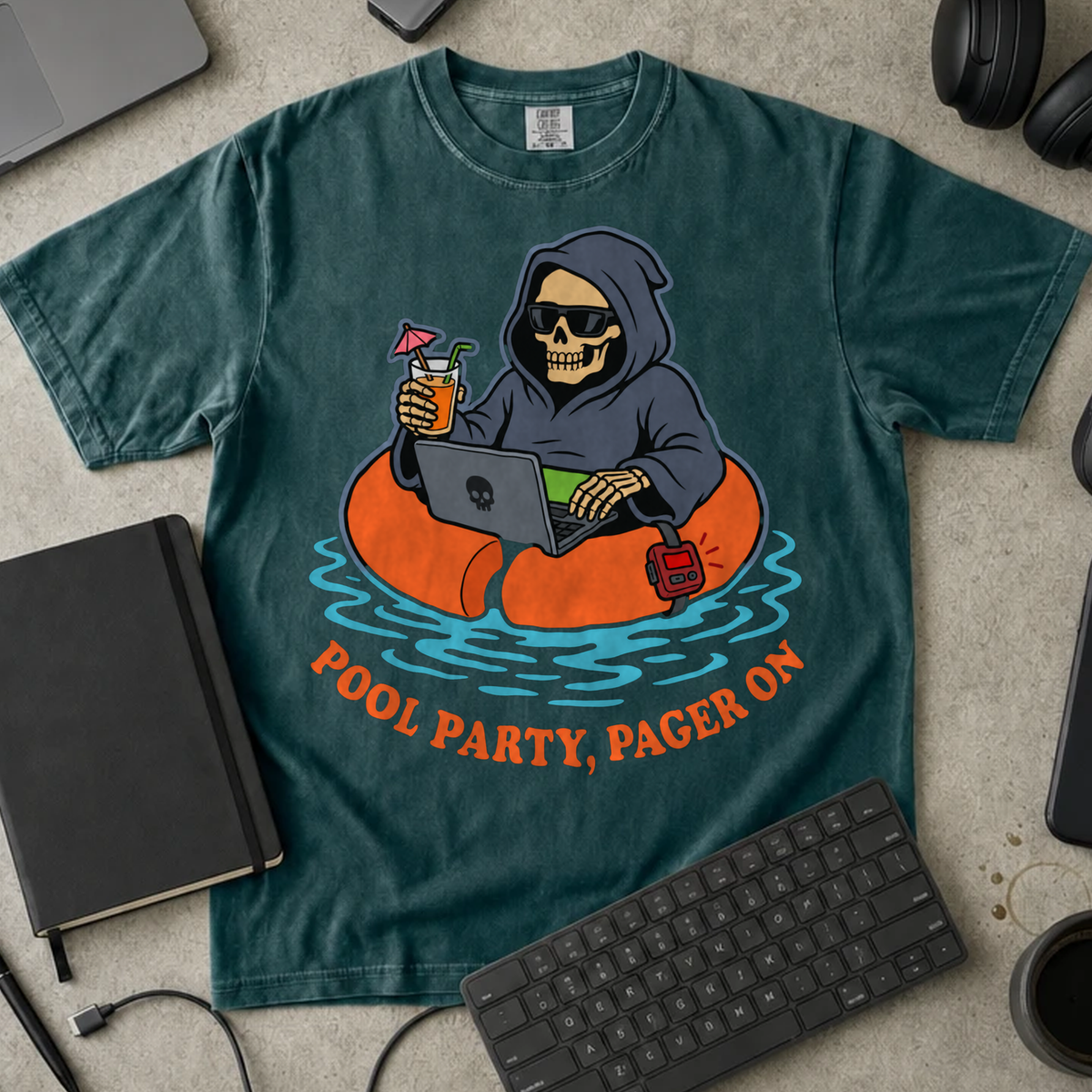 Pool Party Pager On Shirt — Blue Spruce Comfort Colors 1717 flat lay