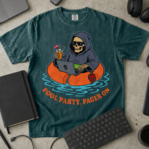 Pool Party Pager On Shirt — Blue Spruce Comfort Colors 1717 flat lay