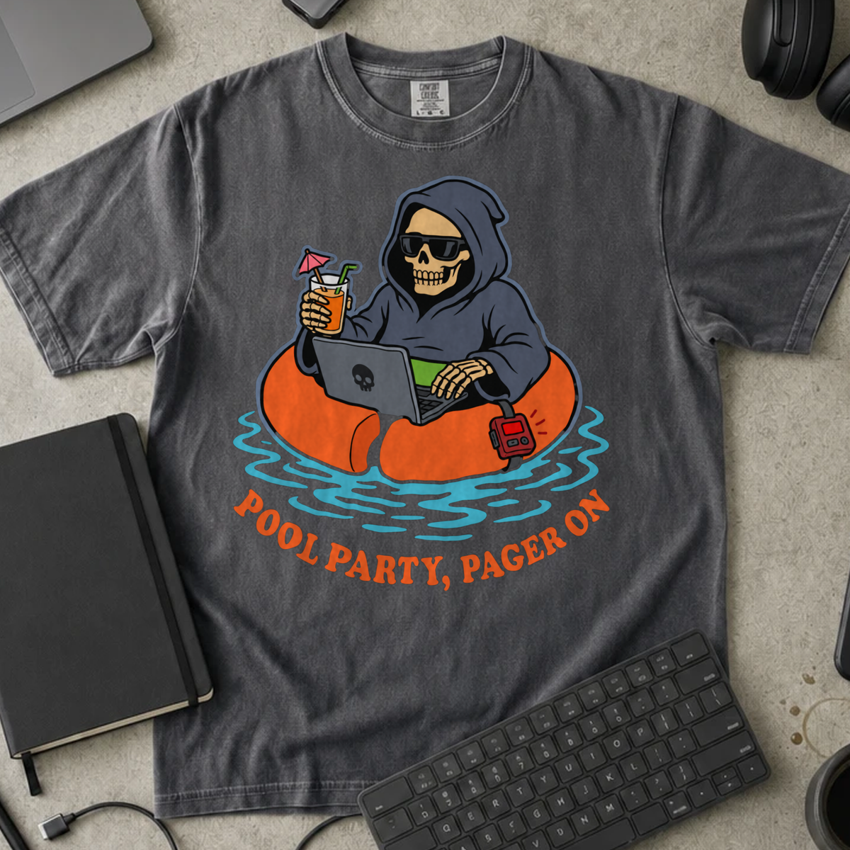 Pool Party Pager On Shirt — Pepper Comfort Colors 1717 flat lay