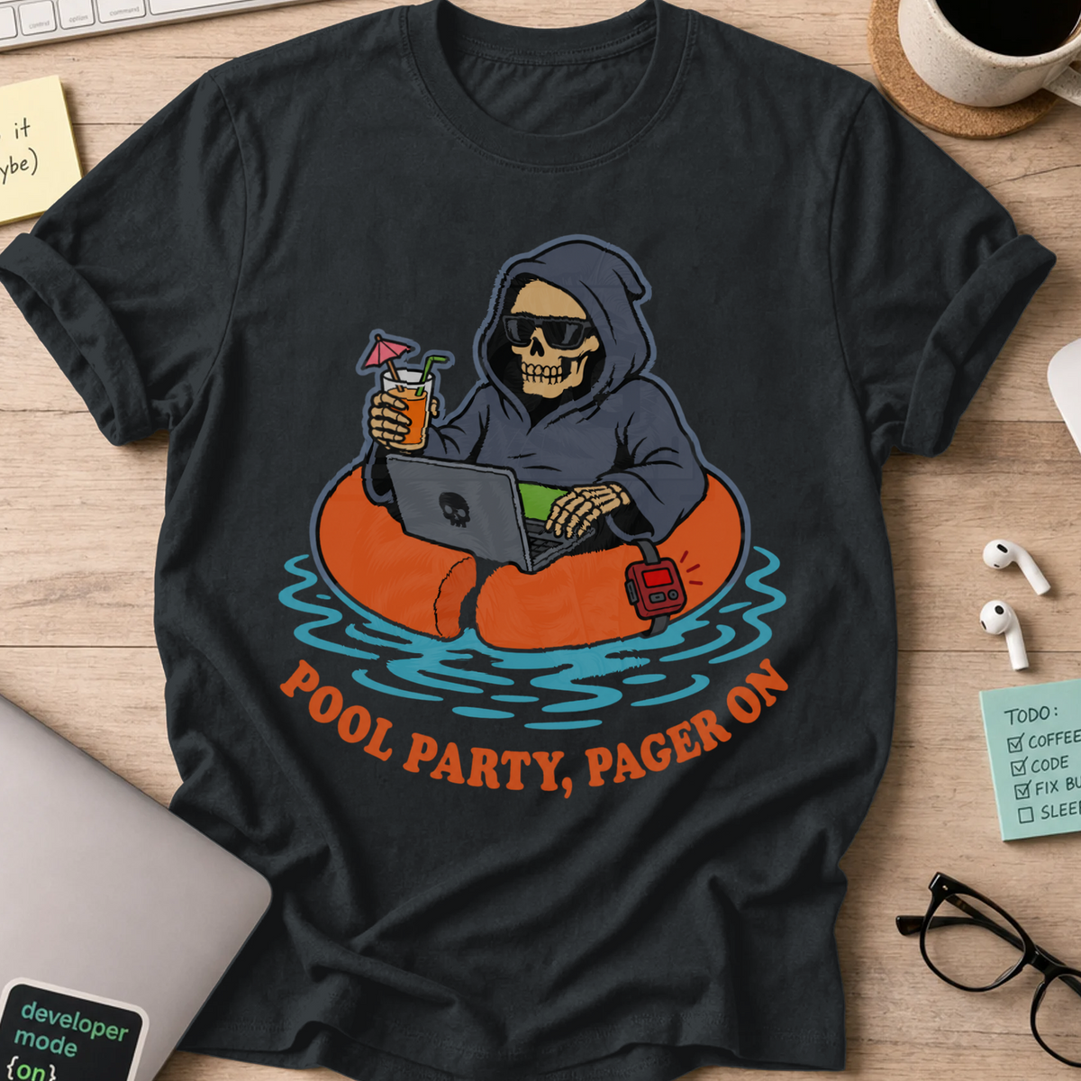 Pool Party, Pager On Shirt — Black storefront mockup