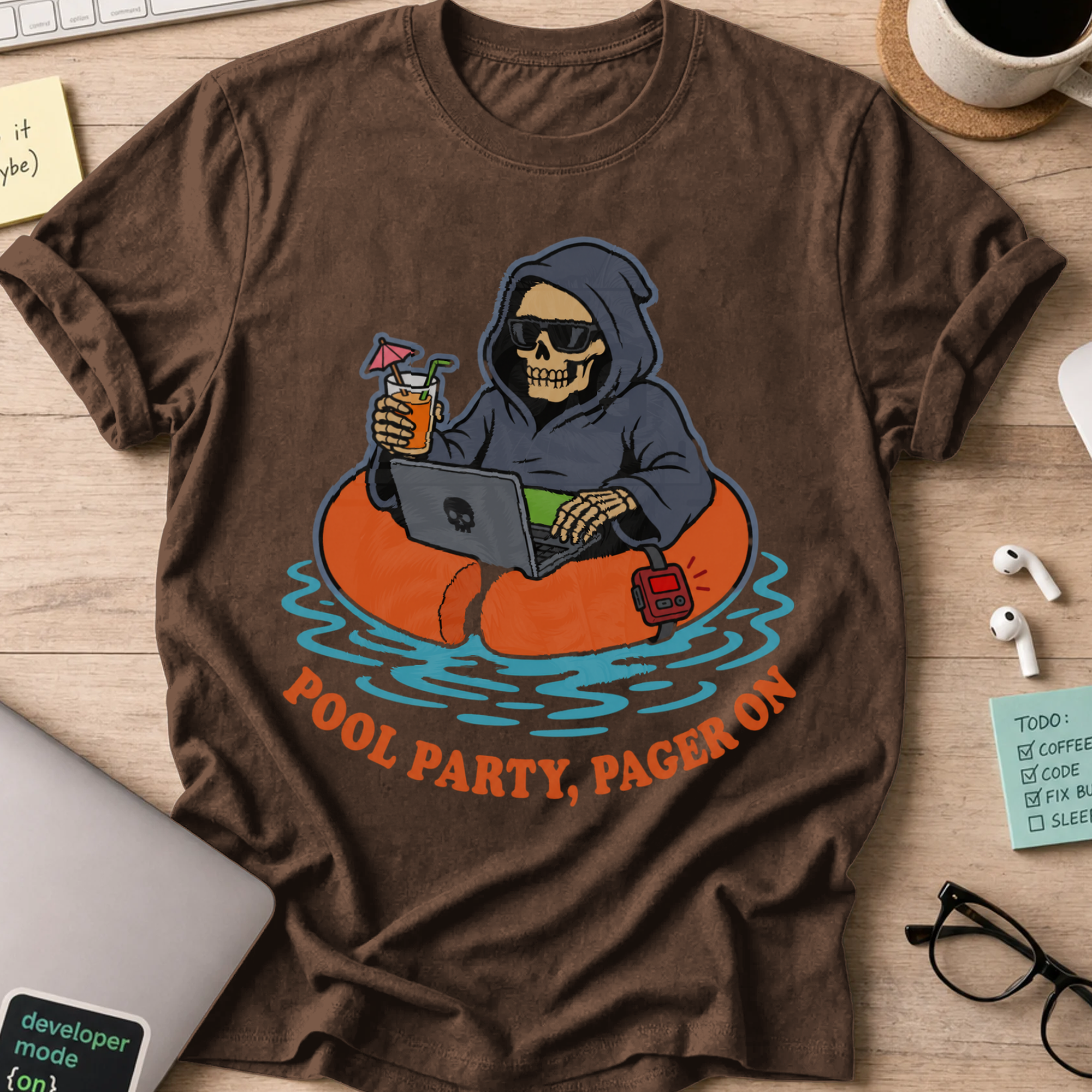 Pool Party, Pager On Shirt — Dark Chocolate storefront mockup