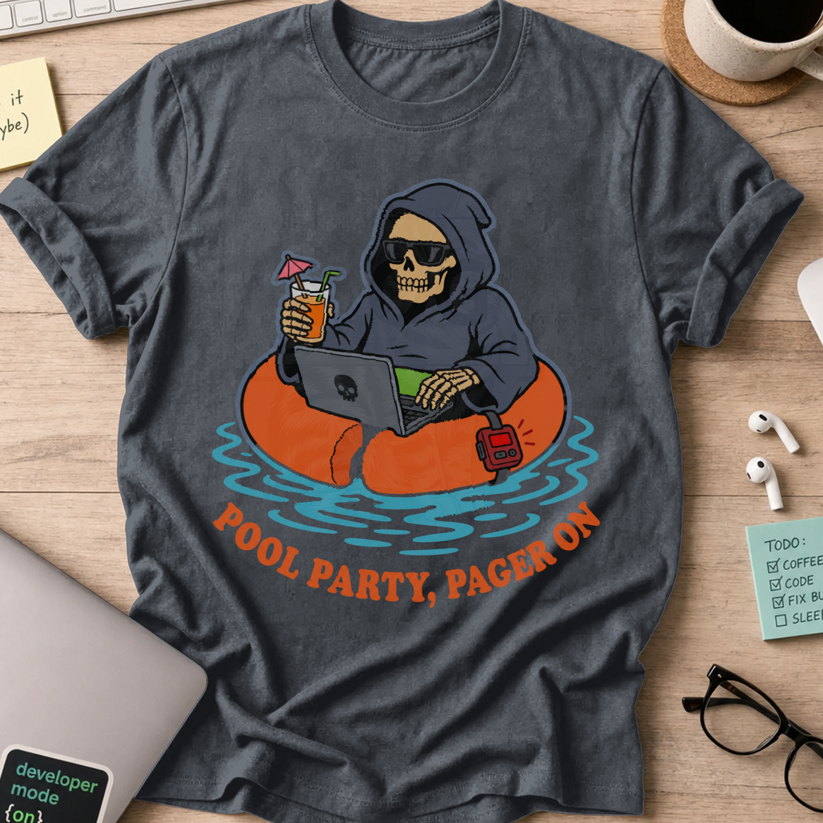 Pool Party, Pager On Shirt — Dark Heather storefront mockup