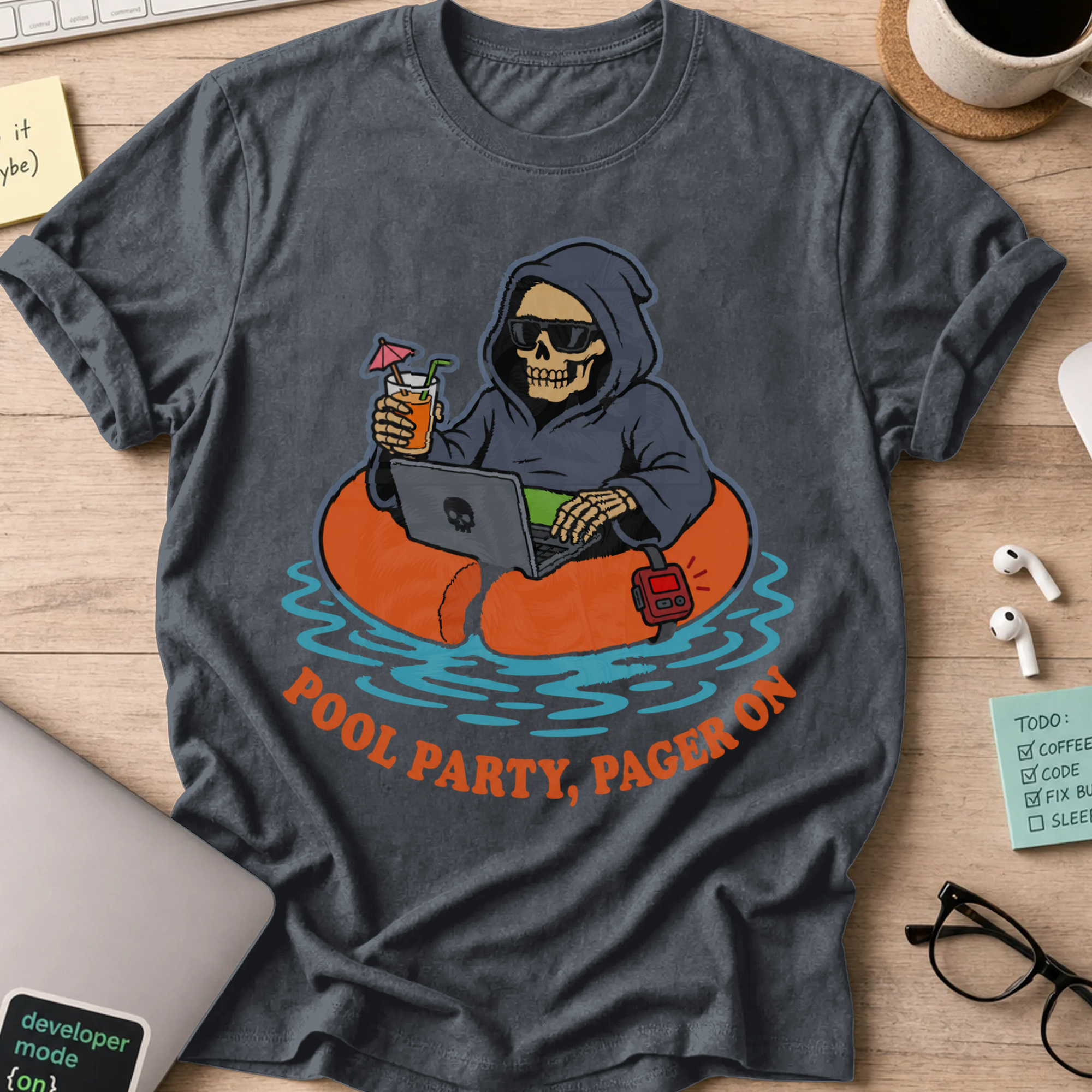 Pool Party, Pager On Shirt — Dark Heather storefront mockup