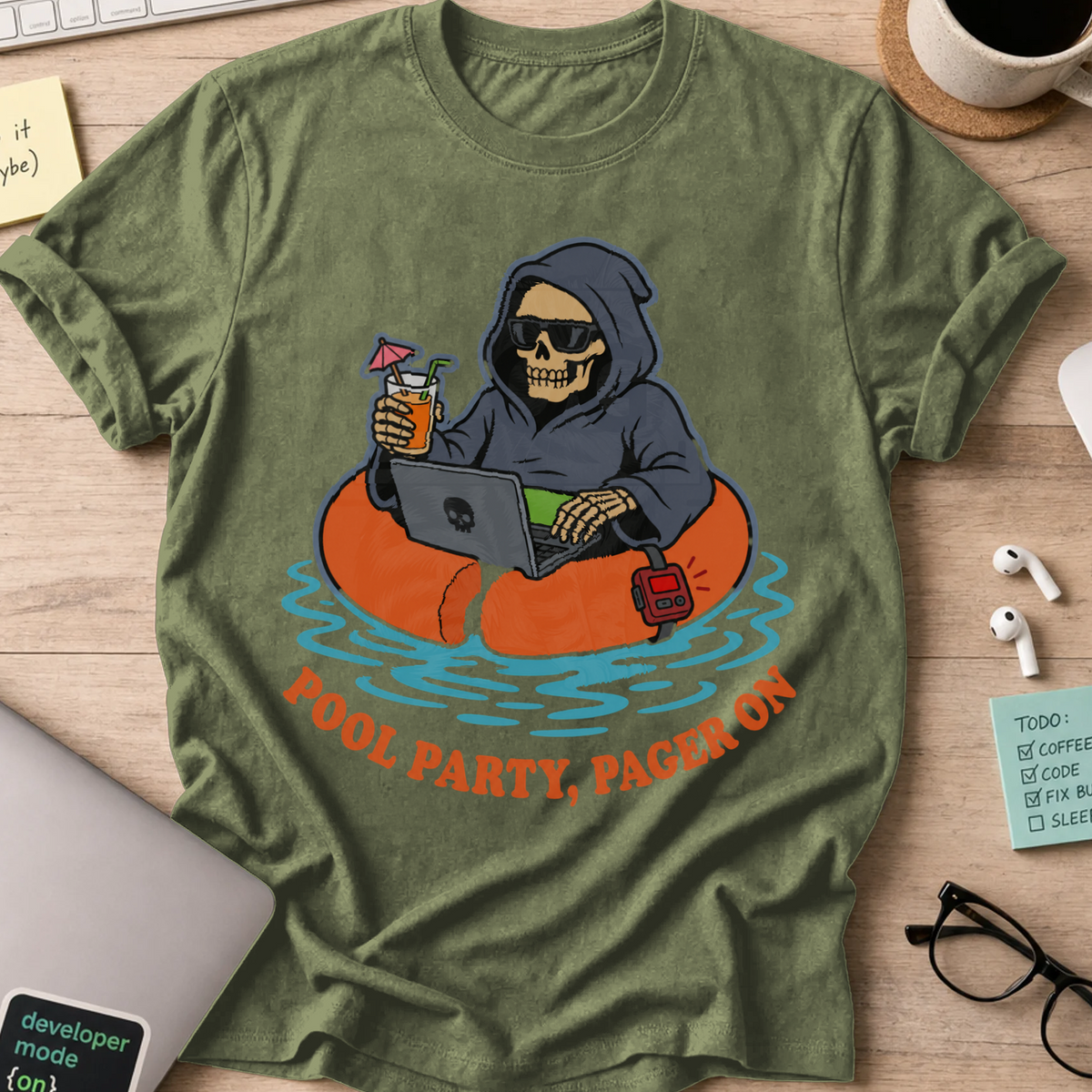 Pool Party, Pager On Shirt — Military Green storefront mockup