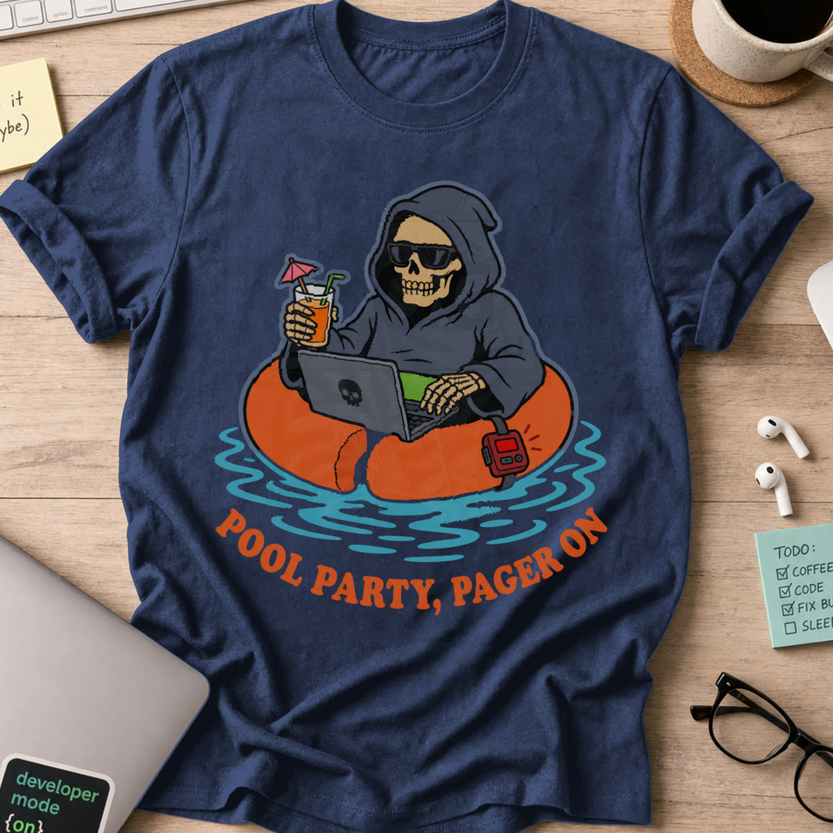 Pool Party, Pager On Shirt — Navy storefront mockup