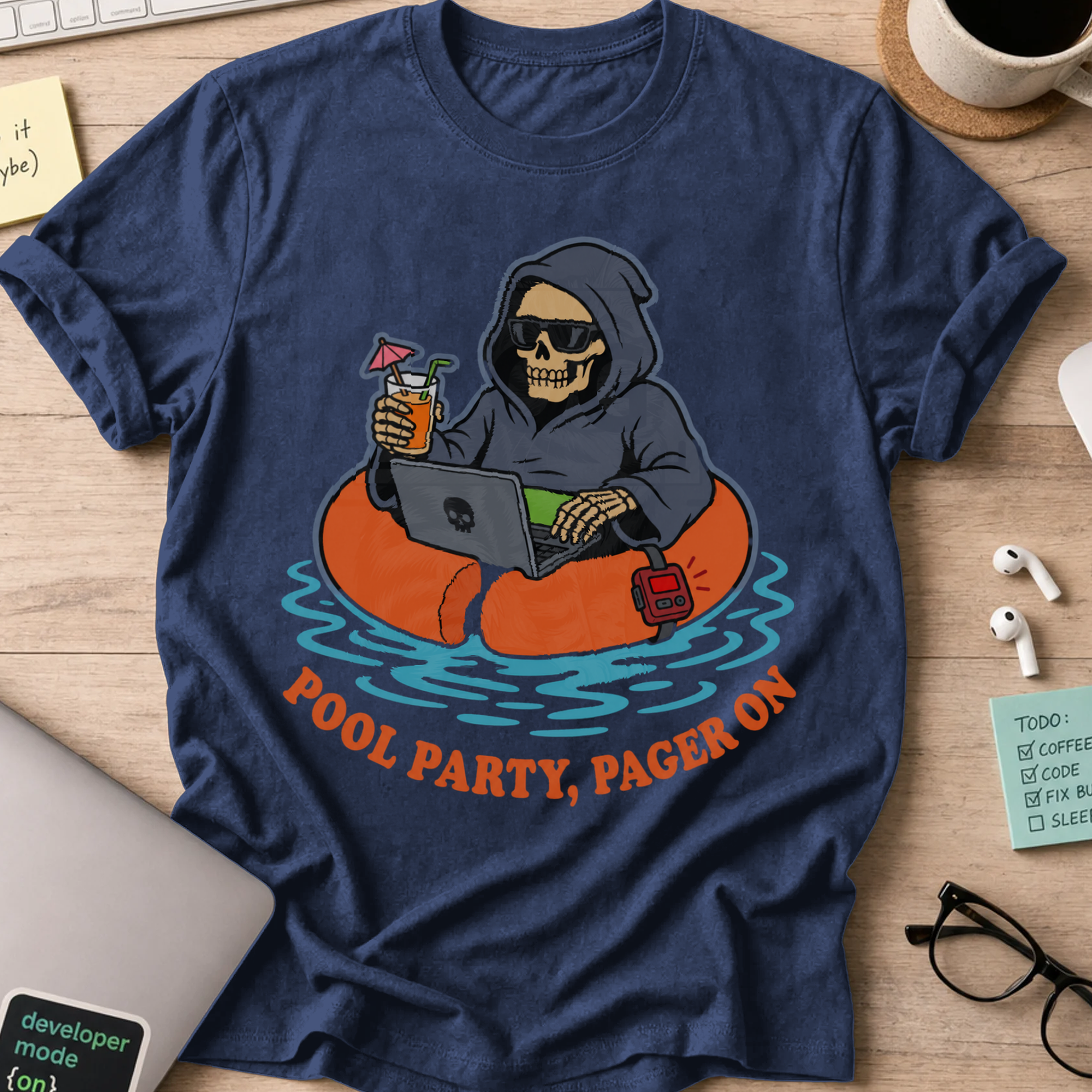 Pool Party, Pager On Shirt — Navy storefront mockup