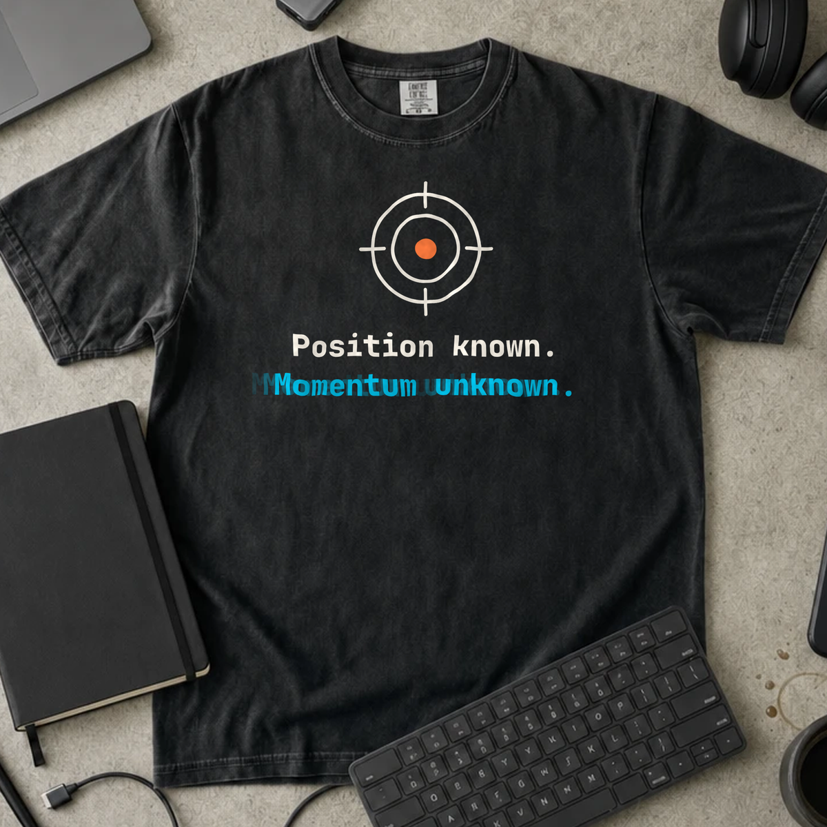 Position Known Momentum Unknown Shirt — Black Comfort Colors 1717 flat lay