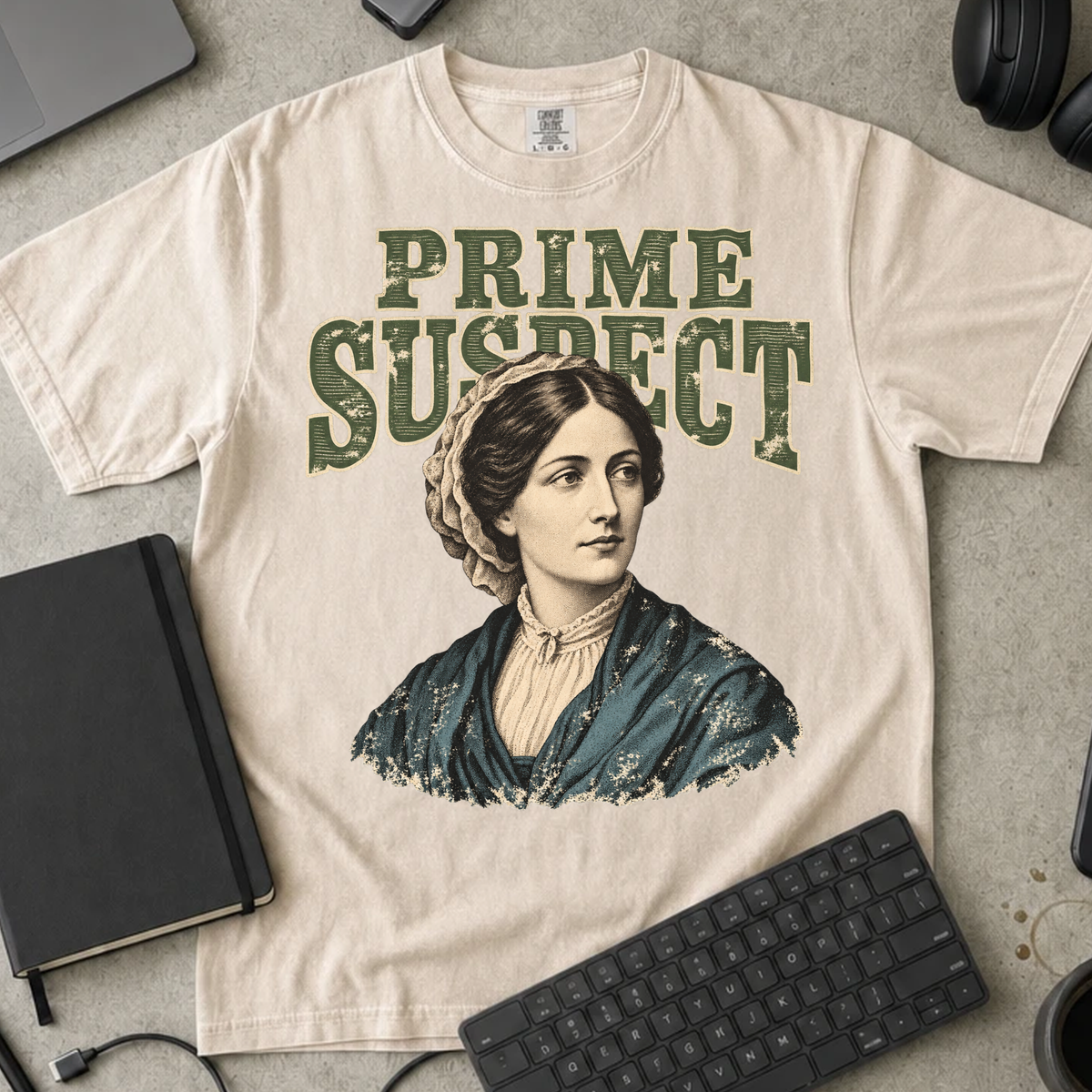 Prime Suspect Shirt — Ivory Comfort Colors 1717 flat lay