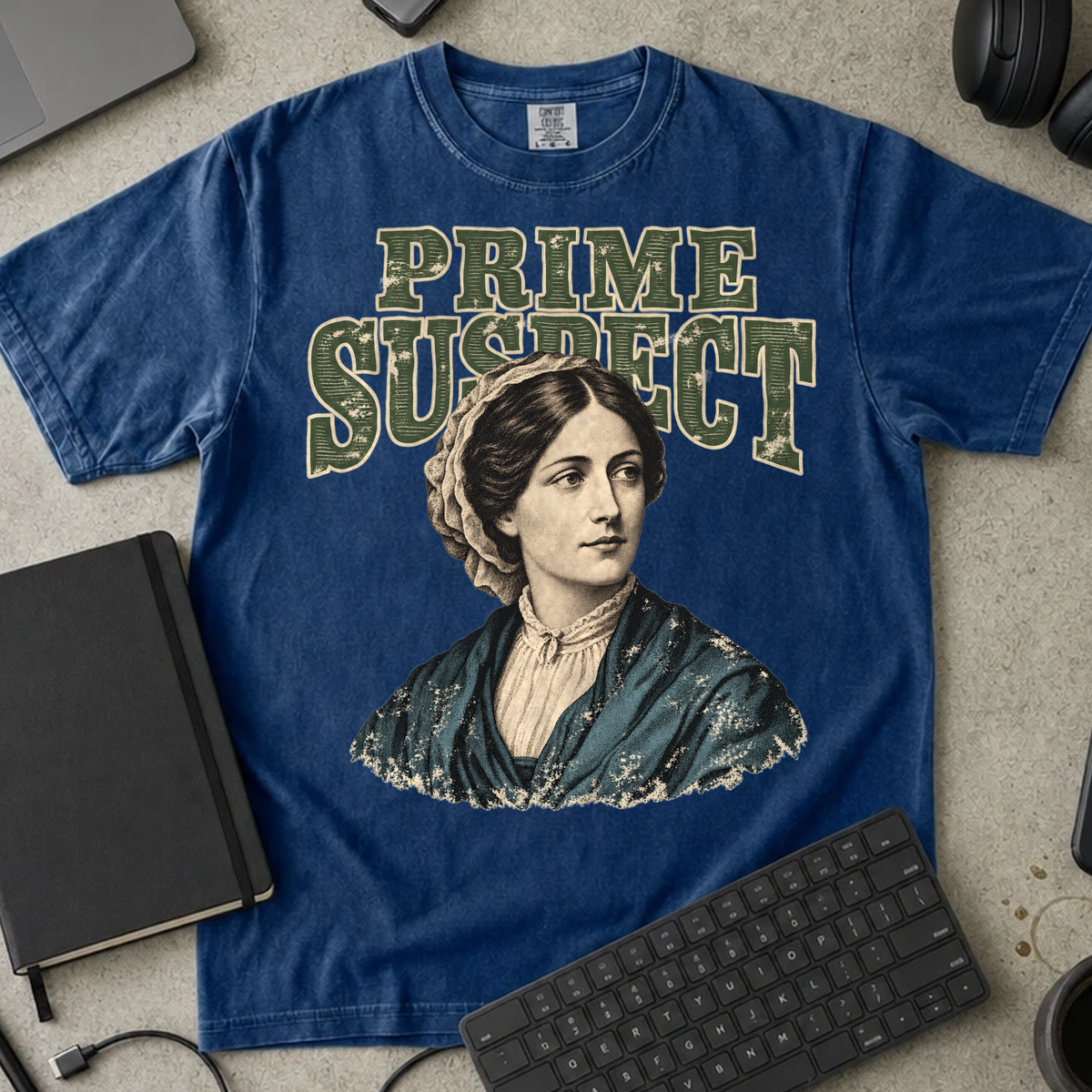 Prime Suspect Shirt — True Navy Comfort Colors 1717 flat lay