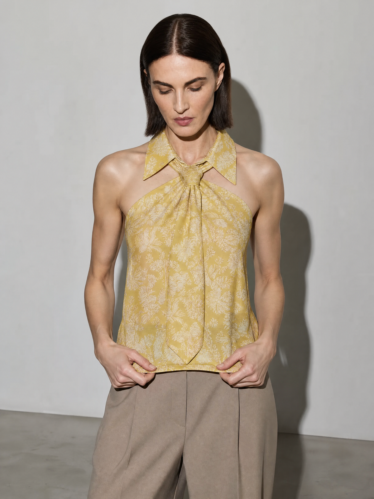 Polo Collar Tie Shirt Women's Design Vest - Printed Yellow Premium Fabric Finish Adjusting