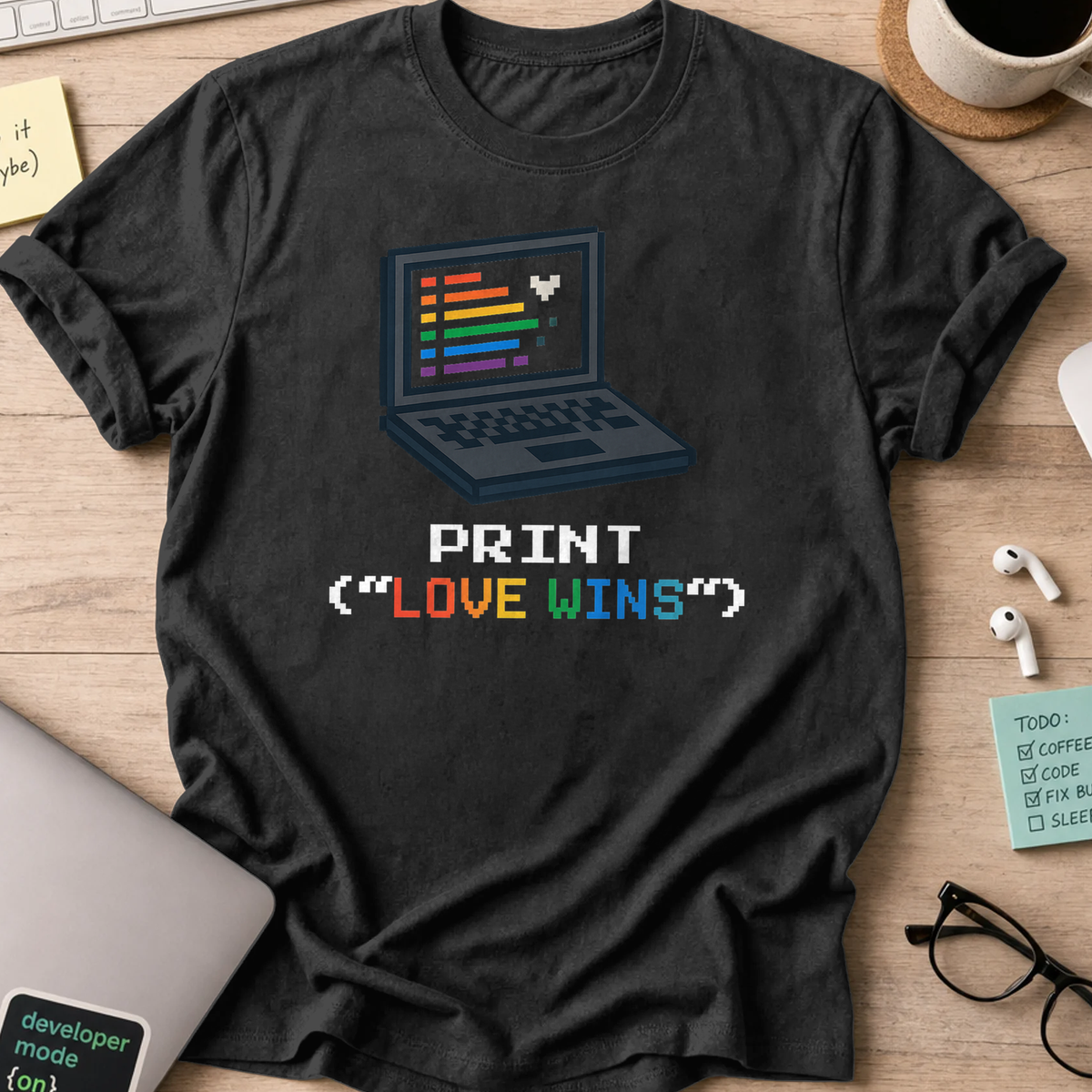 Black programmer shirt printed with "print LOVE WINS", a funny developer t-shirt and coding gift for software engineers and coders.