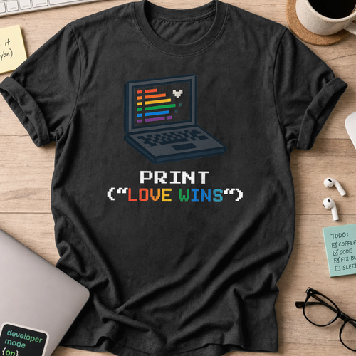 Black programmer shirt printed with "print LOVE WINS", a funny developer t-shirt and coding gift for software engineers and coders.