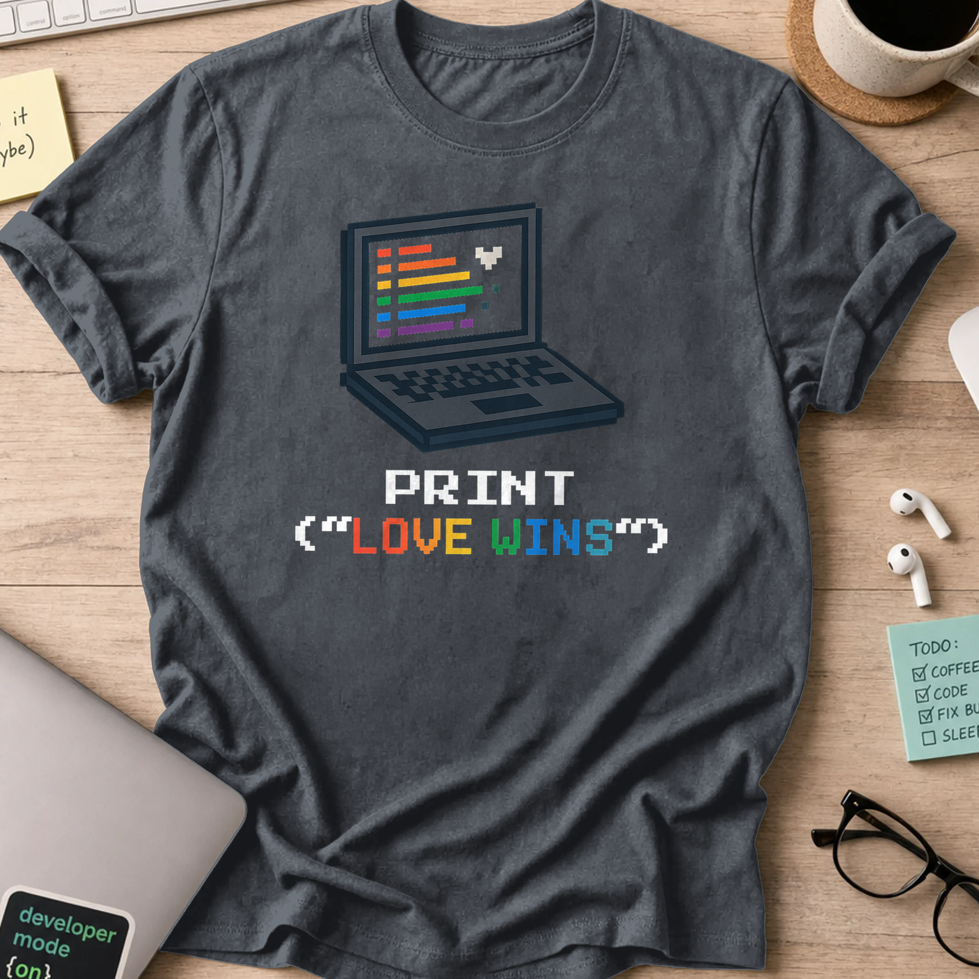 Dark Heather Grey programmer shirt printed with "print LOVE WINS", a funny developer t-shirt and coding gift for software engineers and coders.