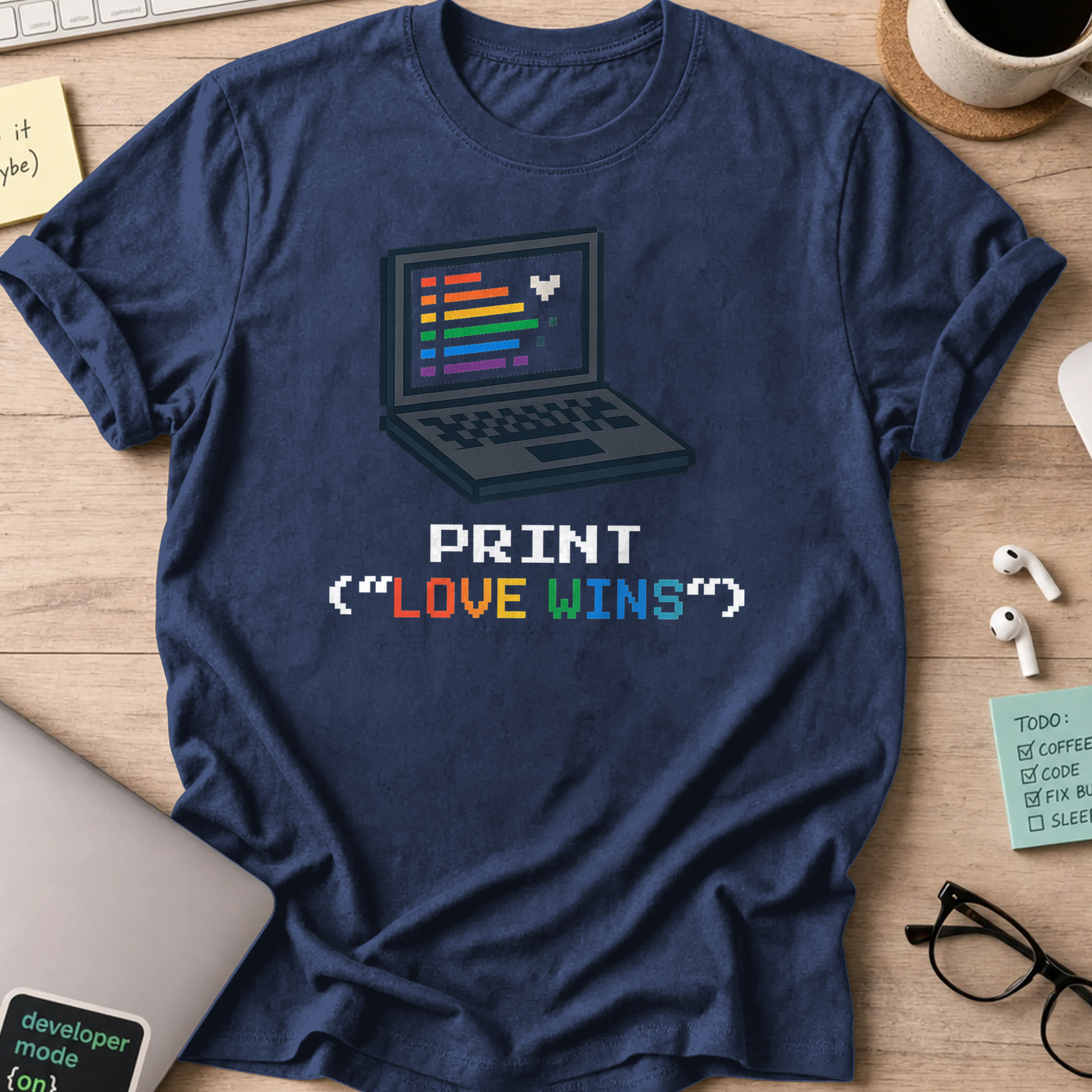 Navy programmer shirt printed with "print LOVE WINS", a funny developer t-shirt and coding gift for software engineers and coders.