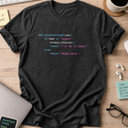 Black programmer shirt printed with "procrastinate(task)", a funny developer t-shirt and coding gift for software engineers and coders.