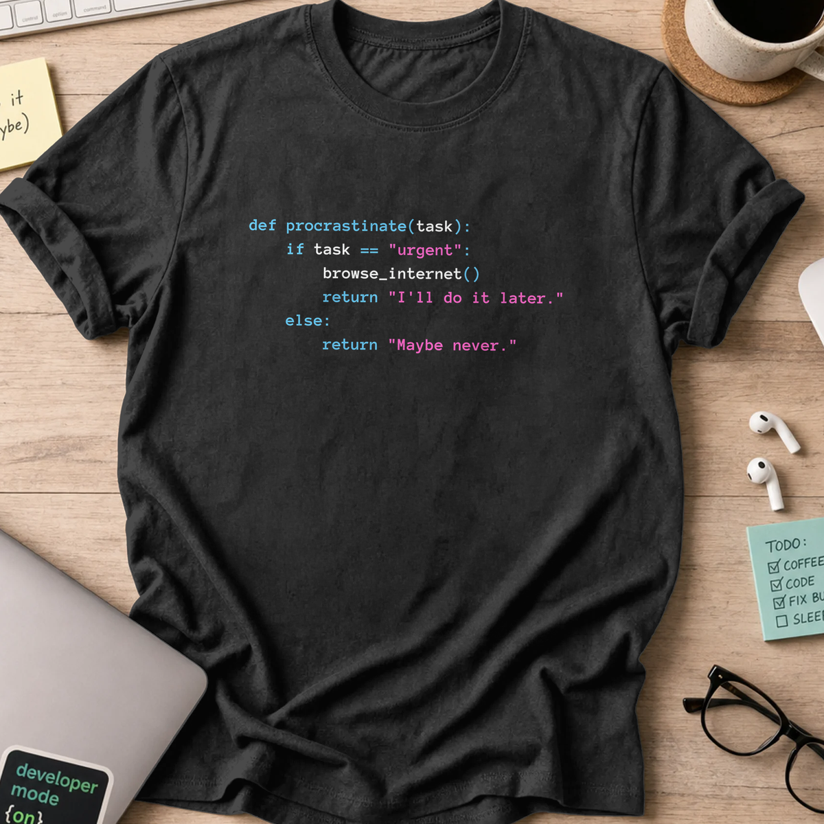 Black programmer shirt printed with "procrastinate(task)", a funny developer t-shirt and coding gift for software engineers and coders.