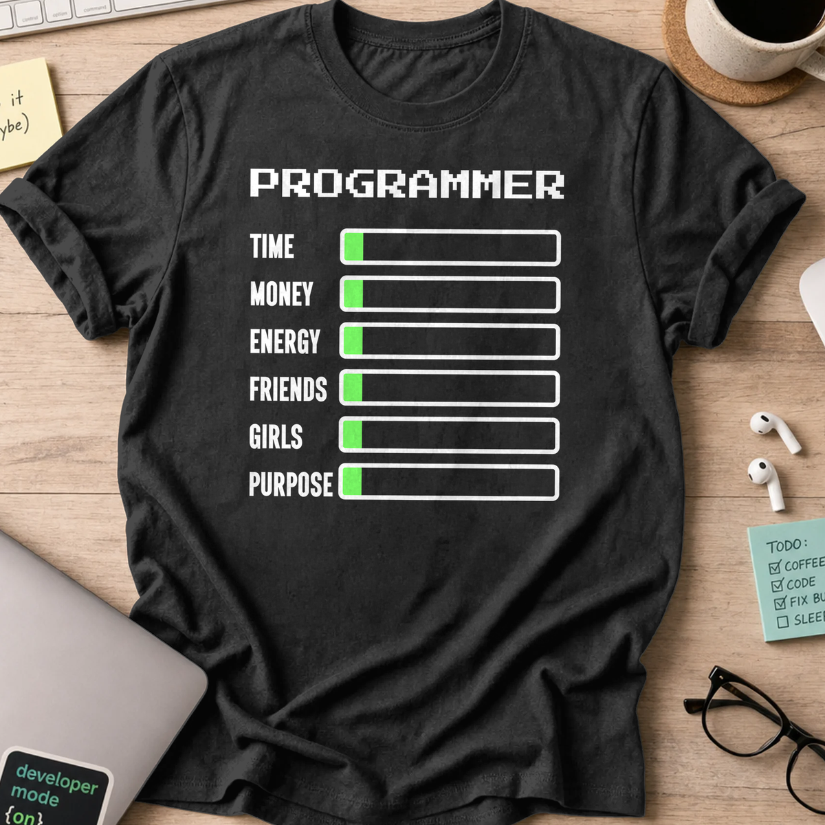 Black programmer shirt printed with "Programmer status", a funny developer t-shirt and coding gift for software engineers and coders.