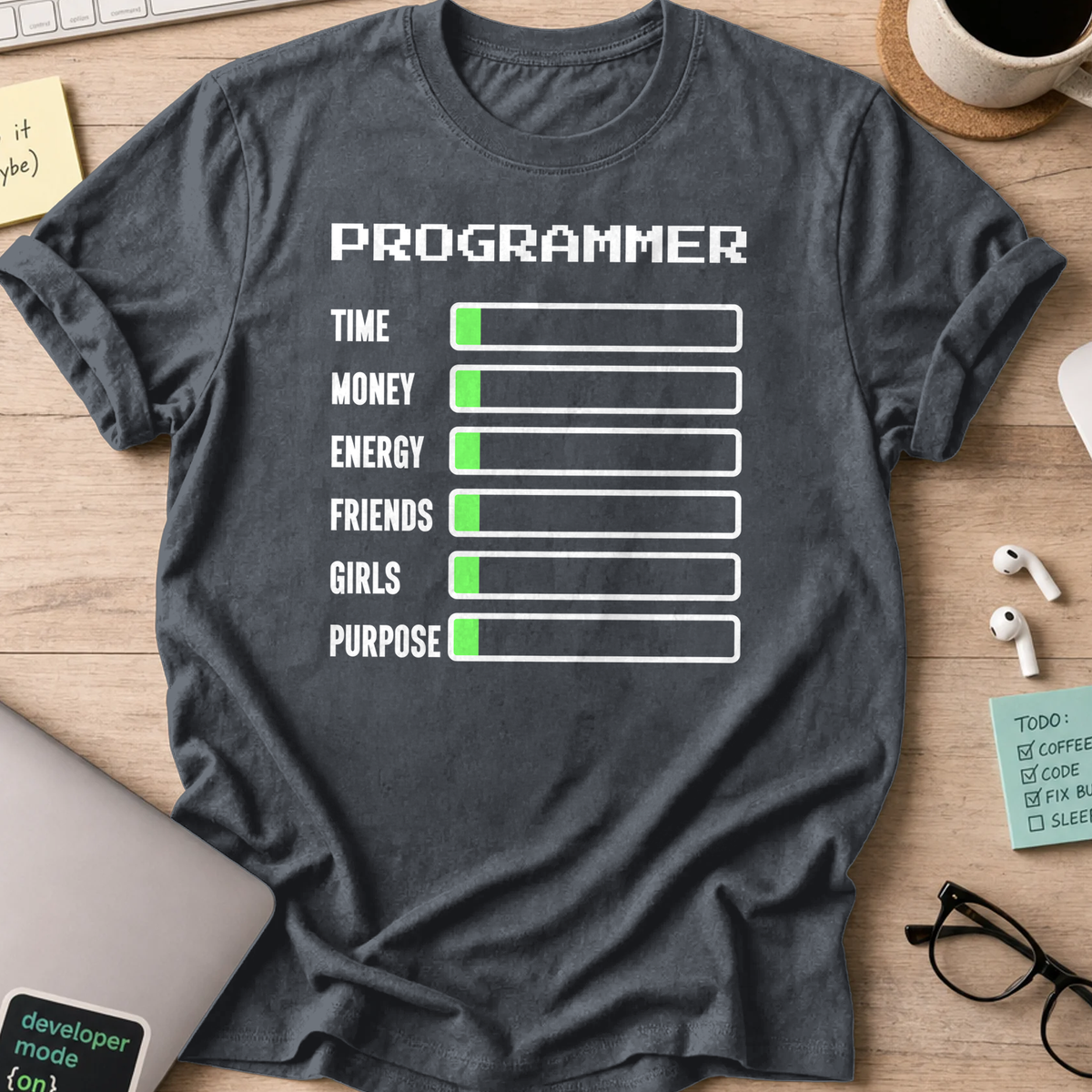 Dark Heather Grey programmer shirt printed with "Programmer status", a funny developer t-shirt and coding gift for software engineers and coders.