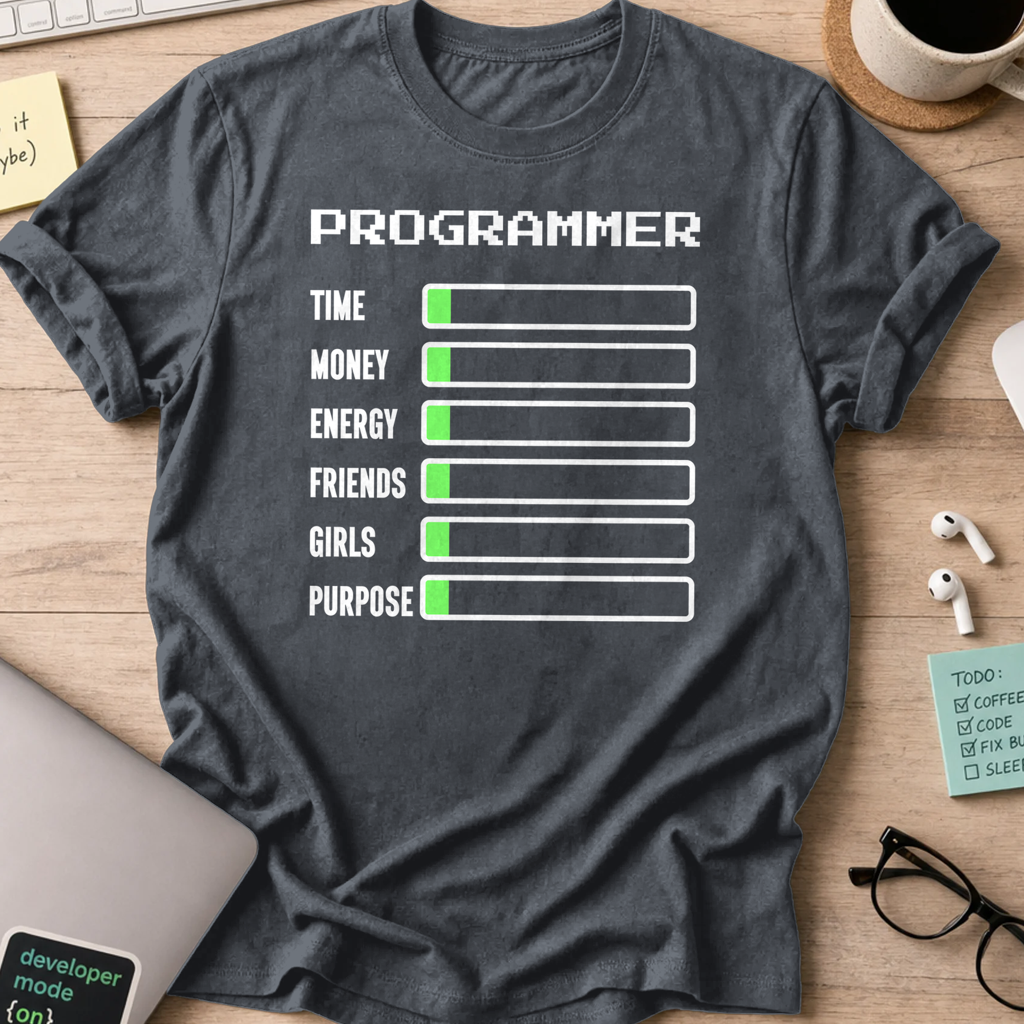 Dark Heather Grey programmer shirt printed with "Programmer status", a funny developer t-shirt and coding gift for software engineers and coders.
