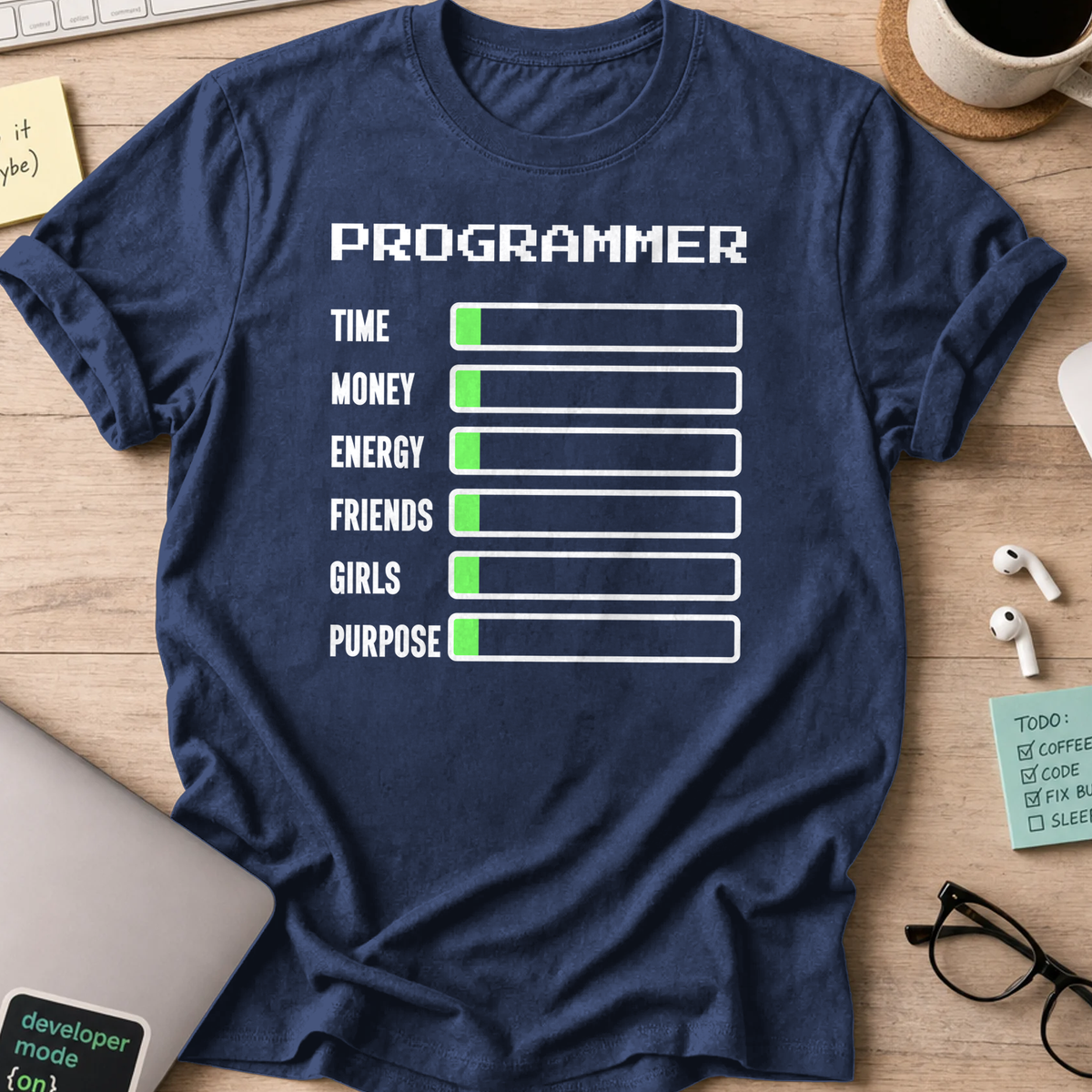 Navy programmer shirt printed with "Programmer status", a funny developer t-shirt and coding gift for software engineers and coders.