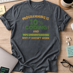 Dark Heather Grey programmer shirt printed with "programming is 10% coding", a funny developer t-shirt and coding gift for software engineers.