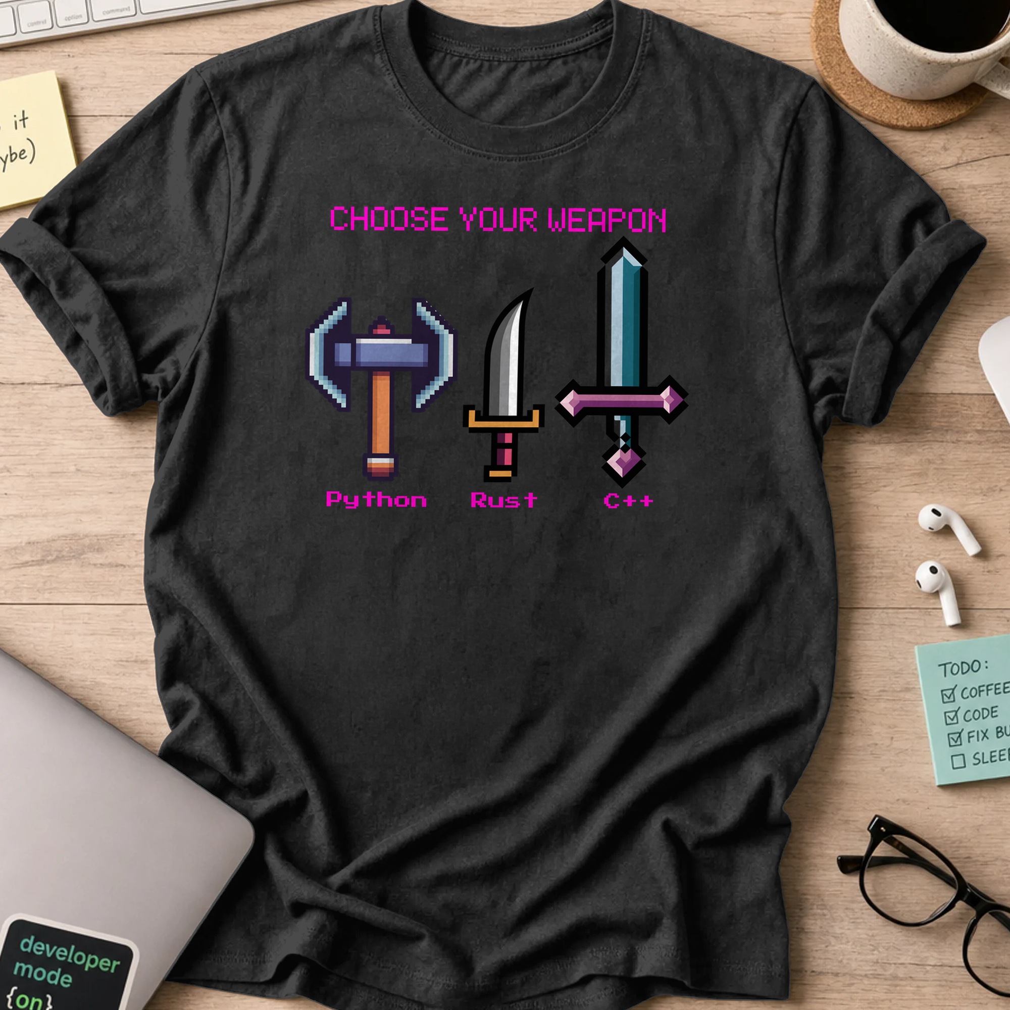 Black programmer shirt printed with "Programming language weapon", a funny developer t-shirt and coding gift for software engineers and coders.
