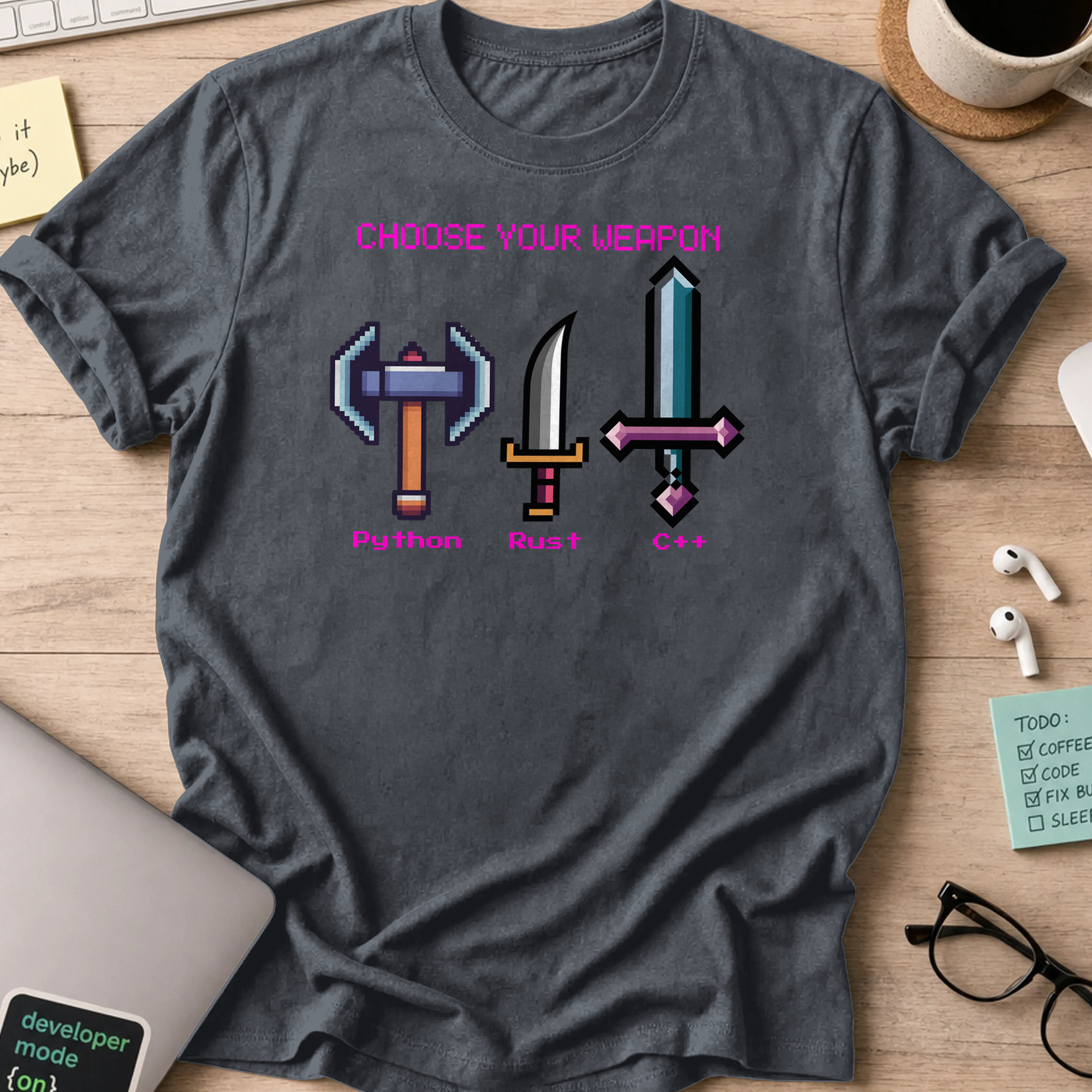 Dark Heather Grey programmer shirt printed with "Programming language weapon", a funny developer t-shirt and coding gift for software engineers.