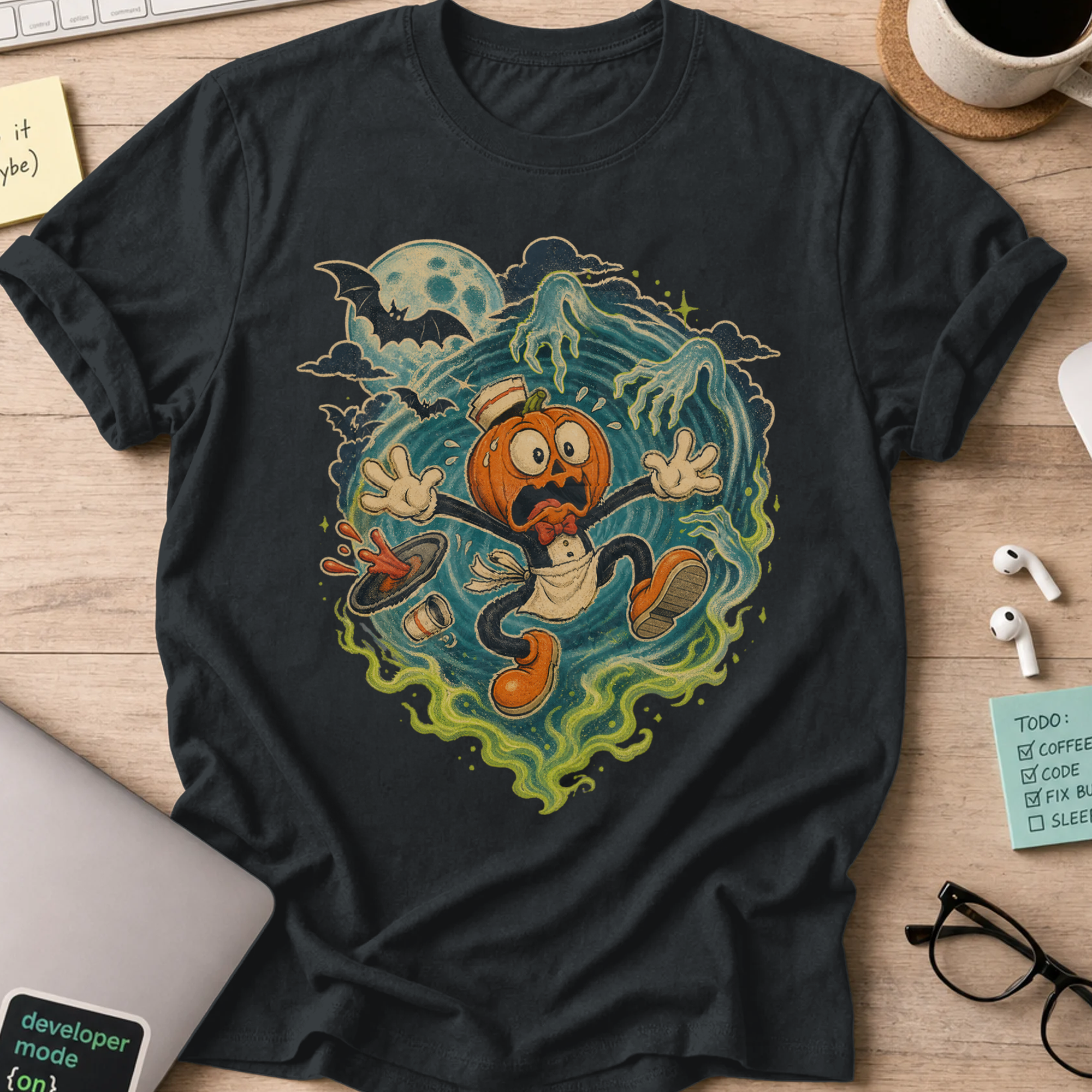 Pumpkin Panic Halloween Shirt — Black storefront mockup