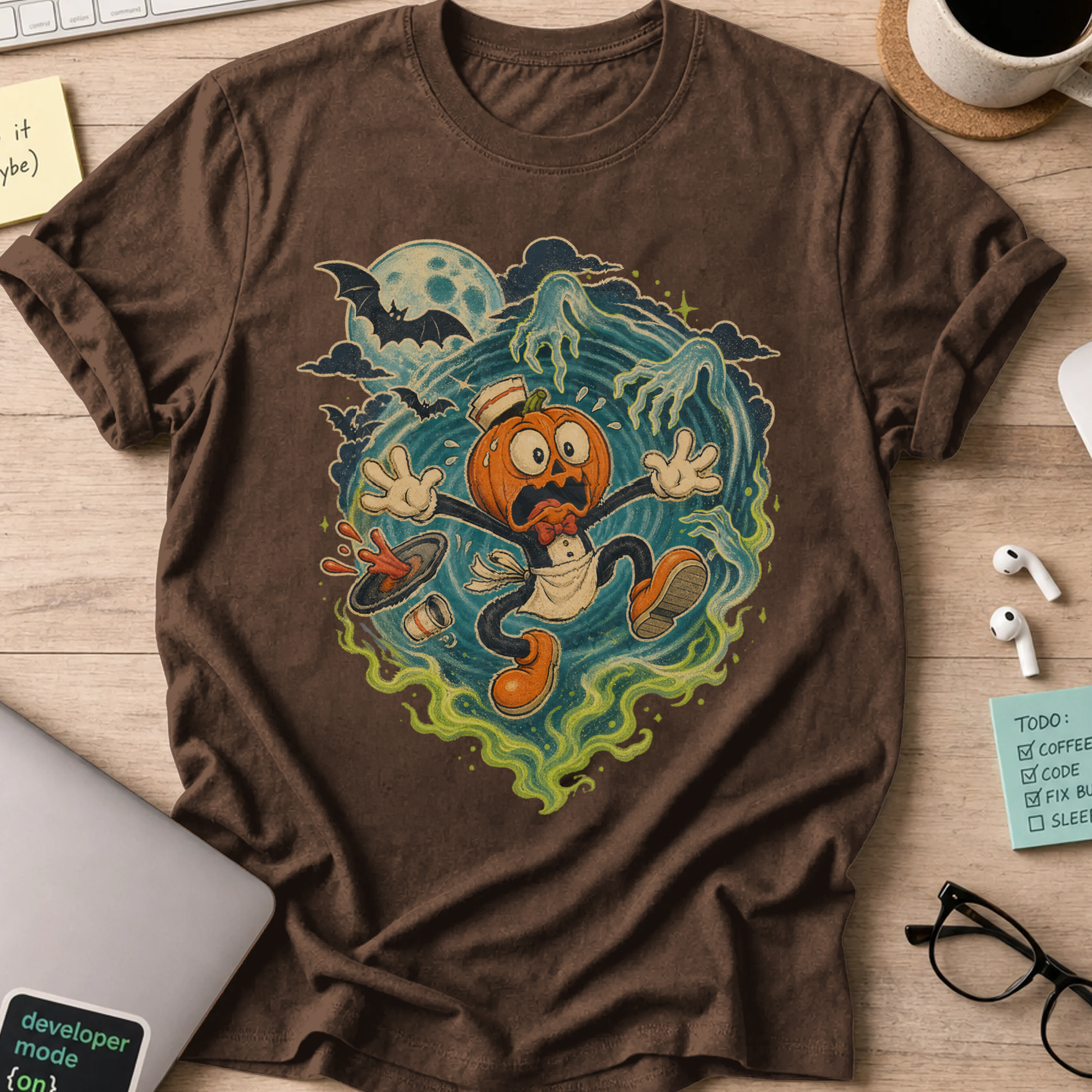 Pumpkin Panic Halloween Shirt — Dark Chocolate storefront mockup