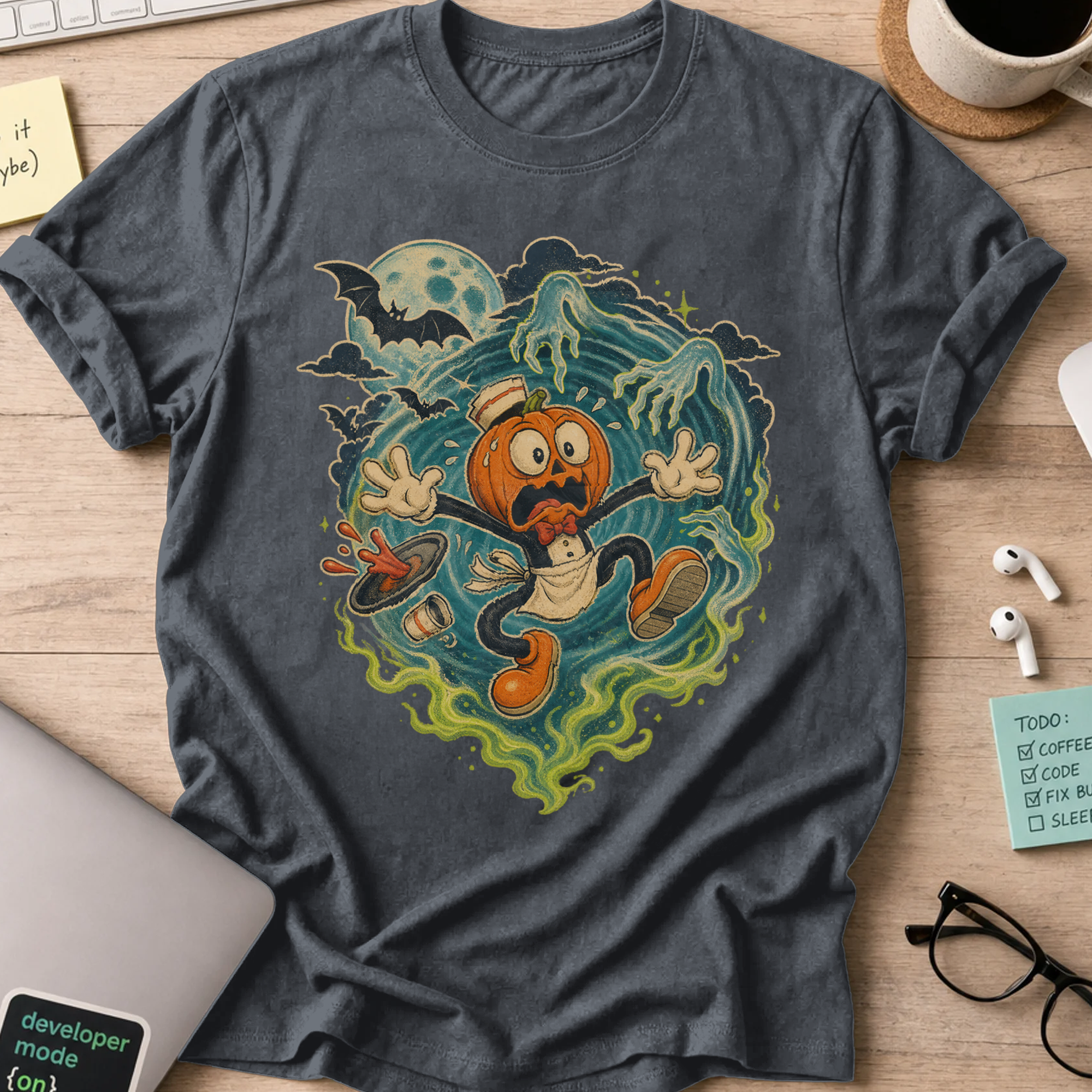 Pumpkin Panic Halloween Shirt — Dark Heather storefront mockup