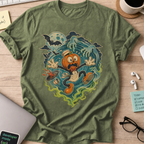 Pumpkin Panic Halloween Shirt — Military Green storefront mockup