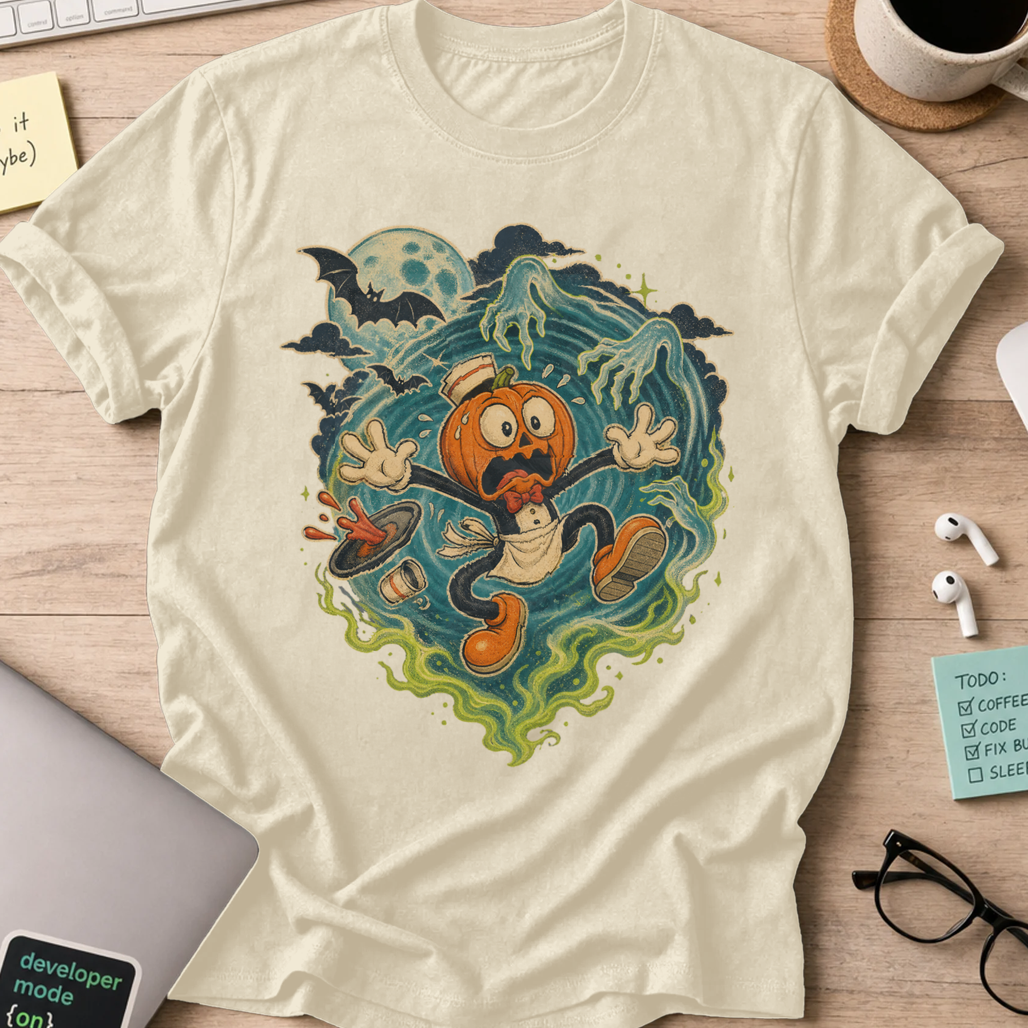 Pumpkin Panic Halloween Shirt — Natural storefront mockup