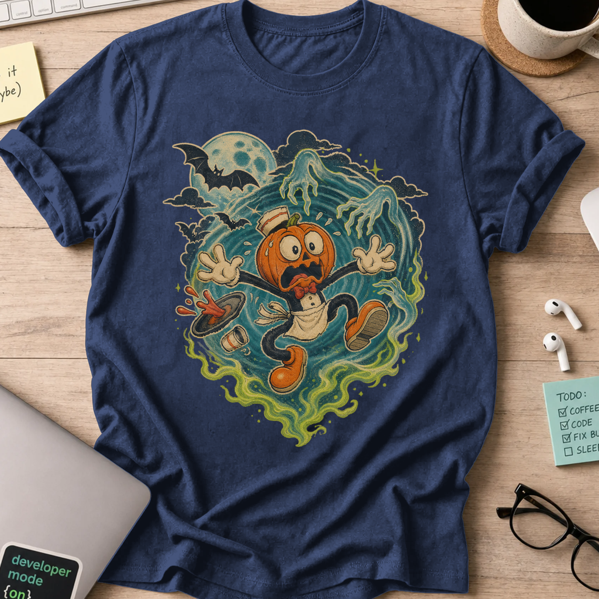 Pumpkin Panic Halloween Shirt — Navy storefront mockup