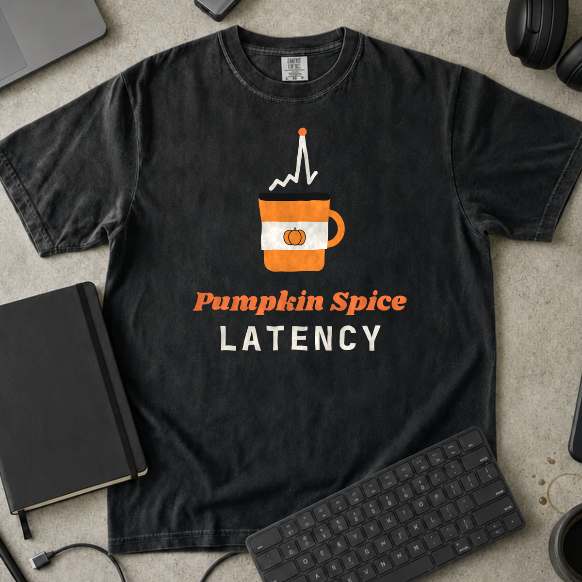 Pumpkin Spice Latency Shirt — Black Comfort Colors 1717 flat lay