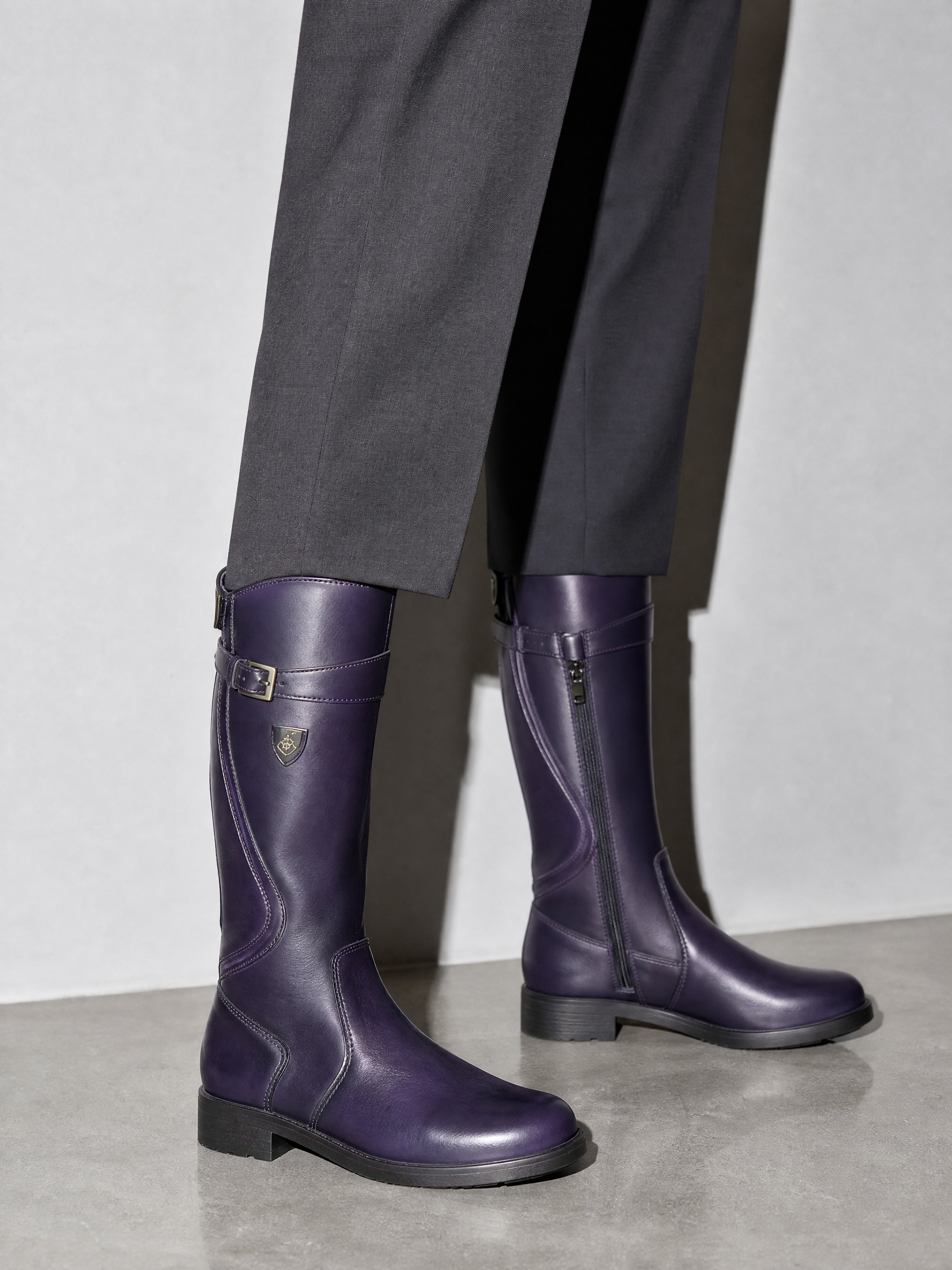 Women's mid-tube rider boots - Purple Premium Leather Finish Shoe Worn