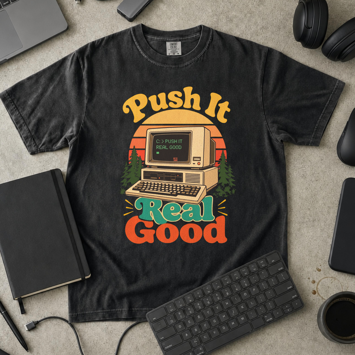 Push It Real Good Retro Premium Shirt — black Premium Shirt mock-up