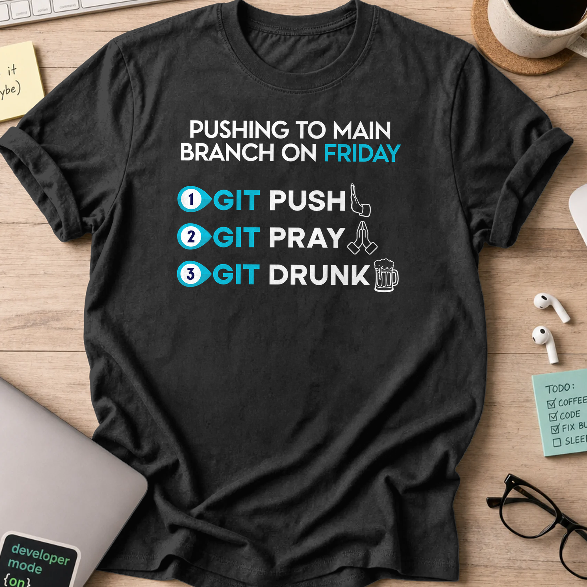 Black programmer shirt printed with "pushing to main branch on friday", a funny developer t-shirt and coding gift for software engineers and coders.