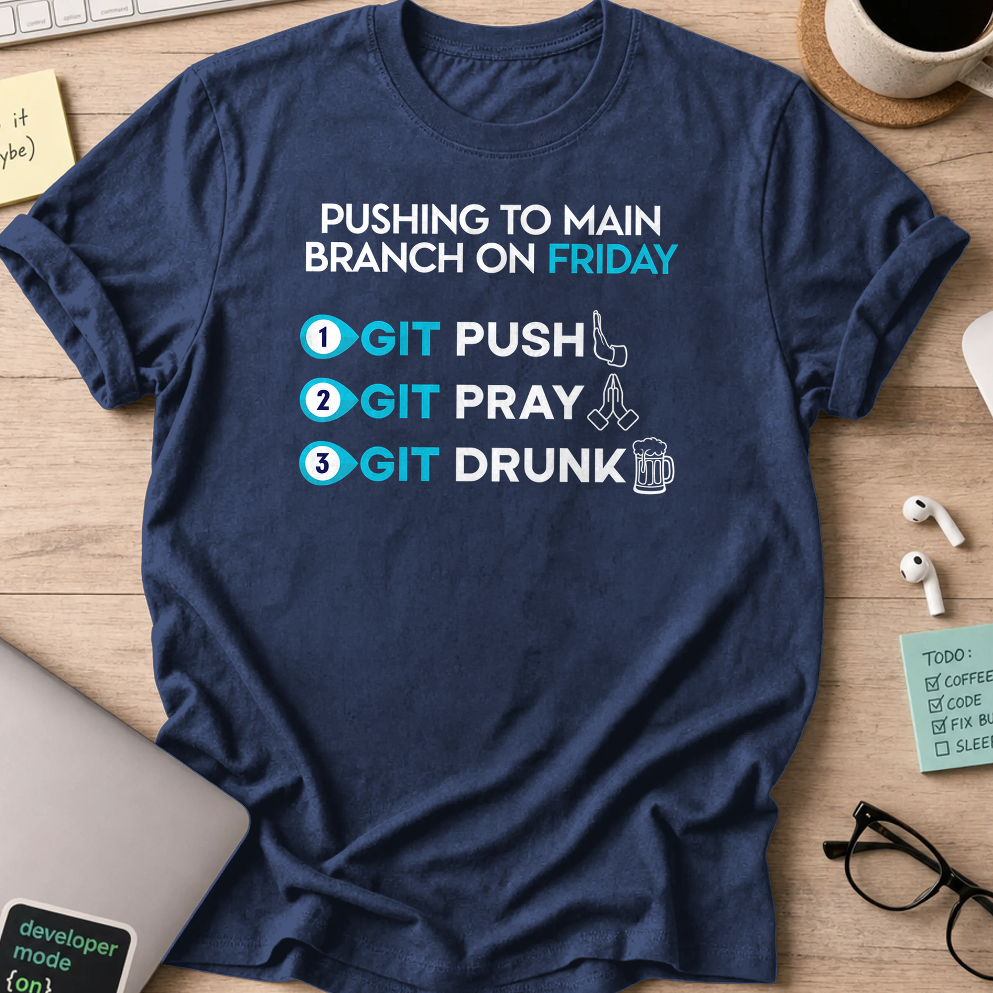 Navy programmer shirt printed with "pushing to main branch on friday", a funny developer t-shirt and coding gift for software engineers and coders.