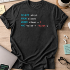 Black programmer shirt printed with "Querying my black", a funny developer t-shirt and coding gift for software engineers and coders.